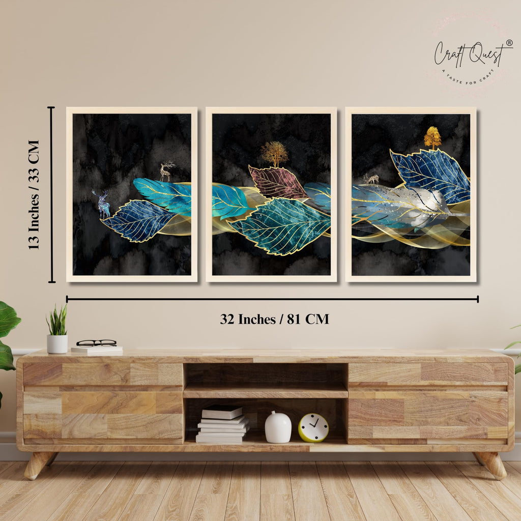 CRAFT QUEST Modern Art Blue,Turquoise & Red Leaves Wall Art | Set of 3 Frames for Home Decoration | Ideal for Living Room, Bedroom & Offices