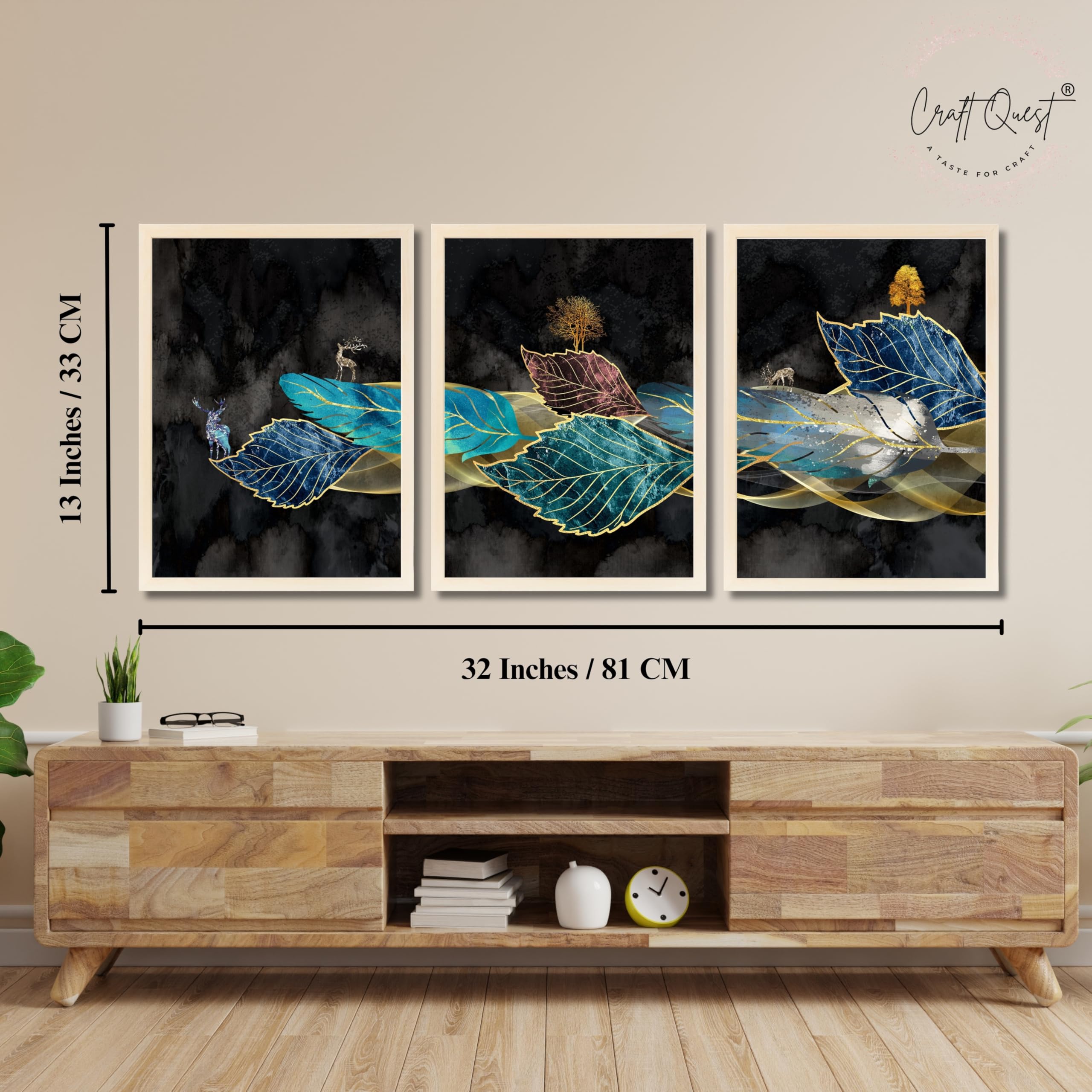 CRAFT QUEST Modern Art Blue,Turquoise & Red Leaves Wall Art | Set of 3 Frames for Home Decoration | Ideal for Living Room, Bedroom & Offices