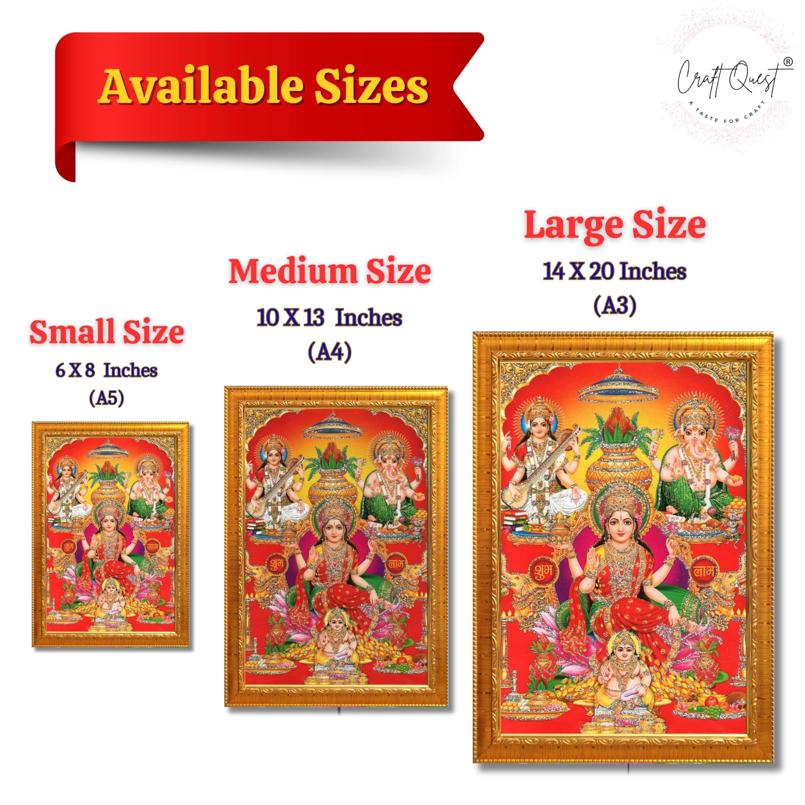 CRAFT QUEST Lord Laxmi Ganesh Saraswati Ji Religious Hindu Photo Frame for Wall, Table, Office, Temple, Pooja, Living Room and Home Decor Item