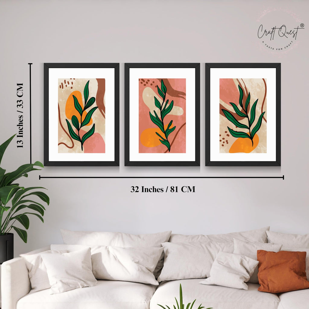 CRAFT QUEST Wall Art Decor Paintings | Set of 3 BOHO Wall Art Frames for Home Decoration | Ideal for Living Room, Bedrooms & Office