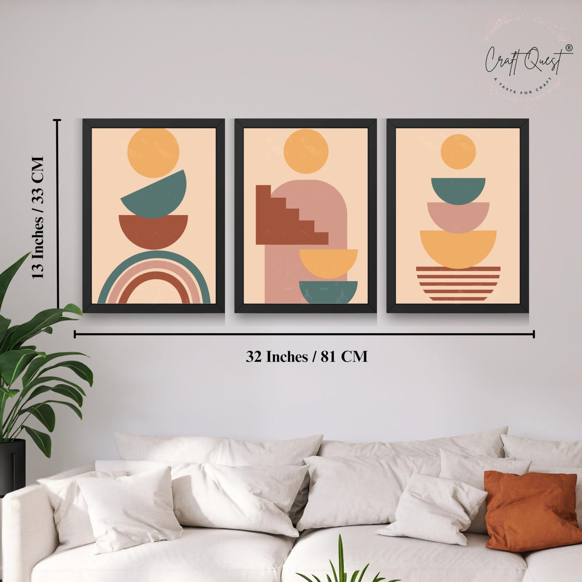 CRAFT QUEST Wall Art Decor Paintings | Set of 3 BOHO Wall Art Frames for Home Decoration | Ideal for Living Room, Offices & Bedrooms