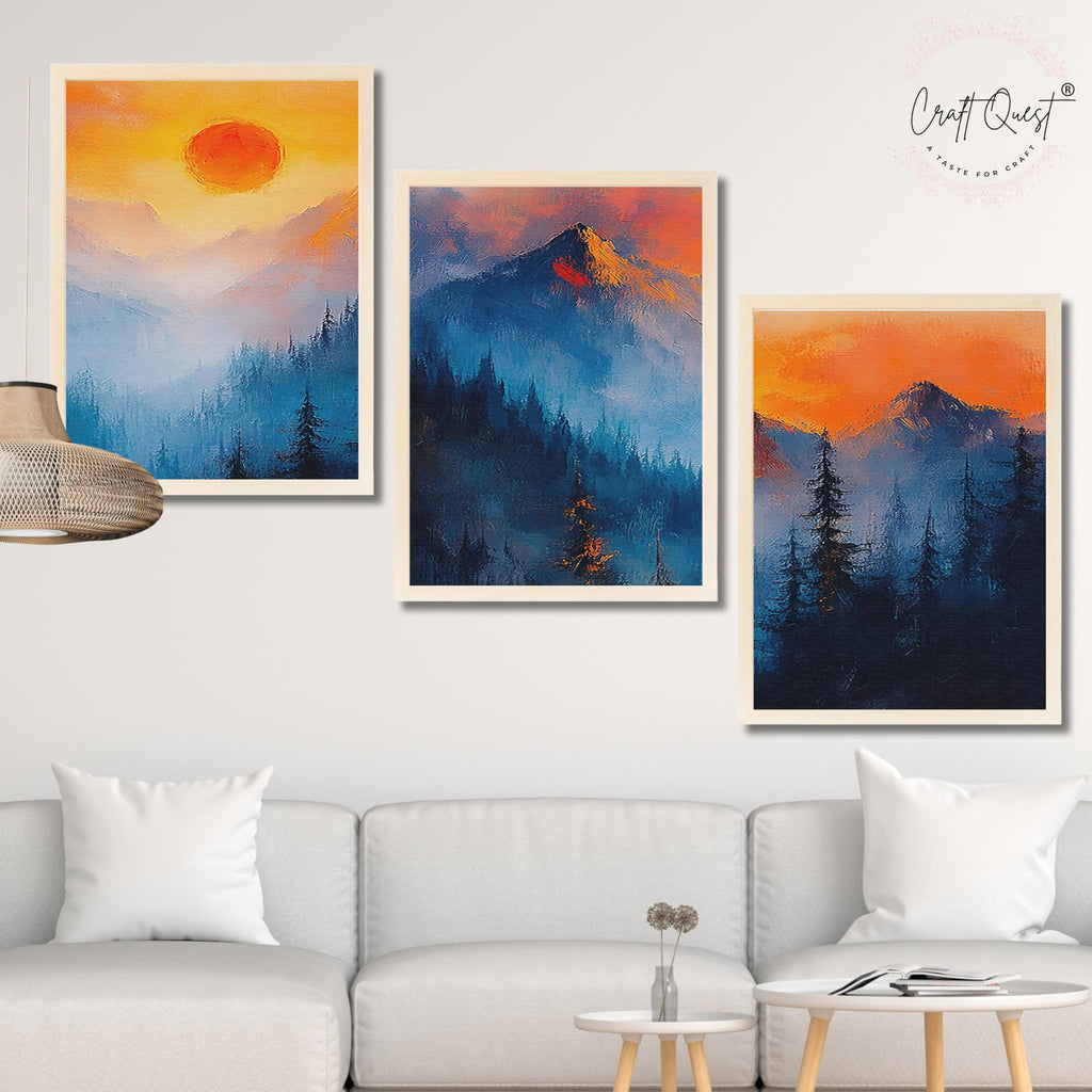 CRAFT QUEST Nature Inspired Landscape With Trees & Mountains Wall Art | Set of 3 Frames for Home Decoration | Ideal for Living Room, Bedroom & Offices