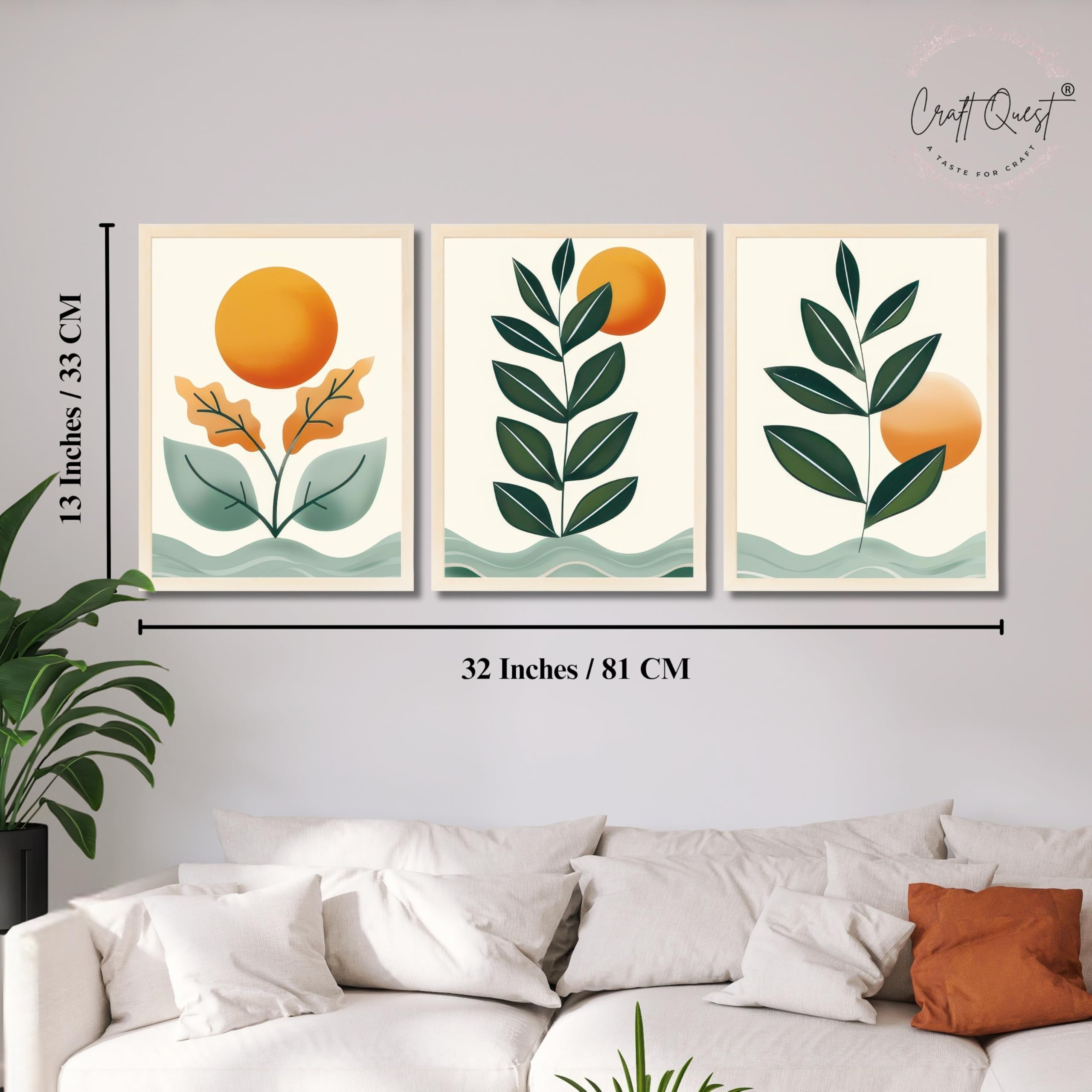 CRAFT QUEST Nature Inspired Sun & Moon Modern Boho Wall Art | Set of 3 Frames for Home Decoration | Ideal for Living Room, Bedroom & Offices