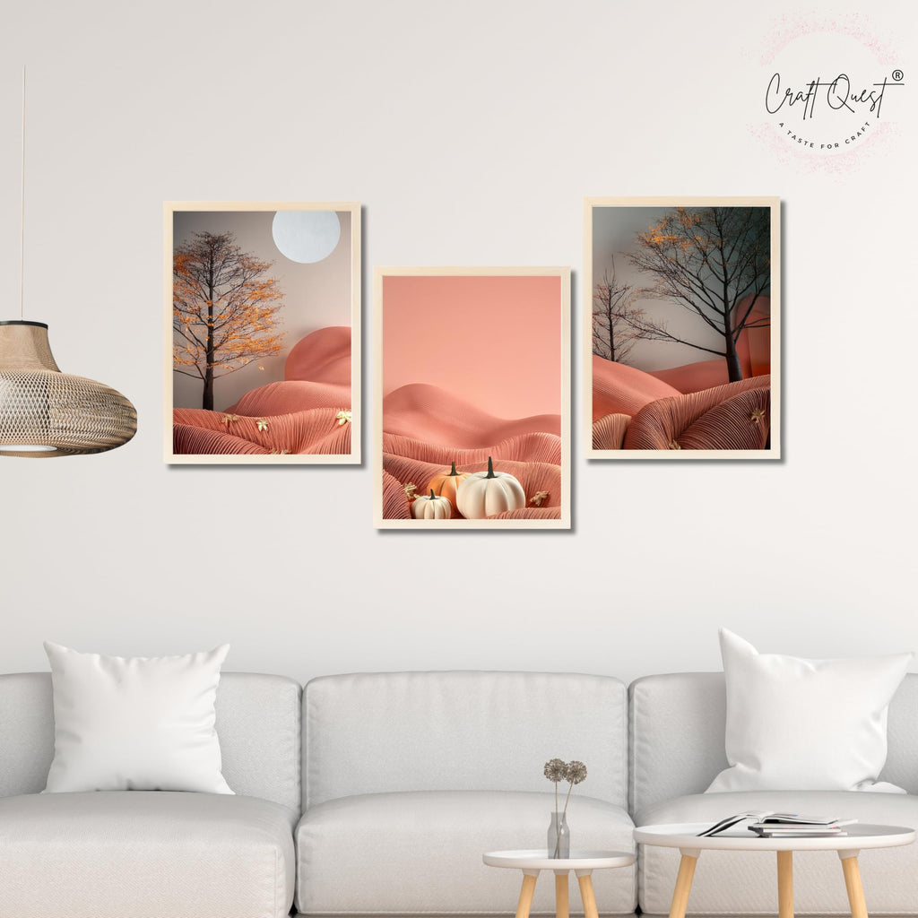 CRAFT QUEST Nature Inspired Autumn Minimalist Modern Wall Art | Set of 3 Frames for Home Decoration | Ideal for Living Room, Bedroom & Office
