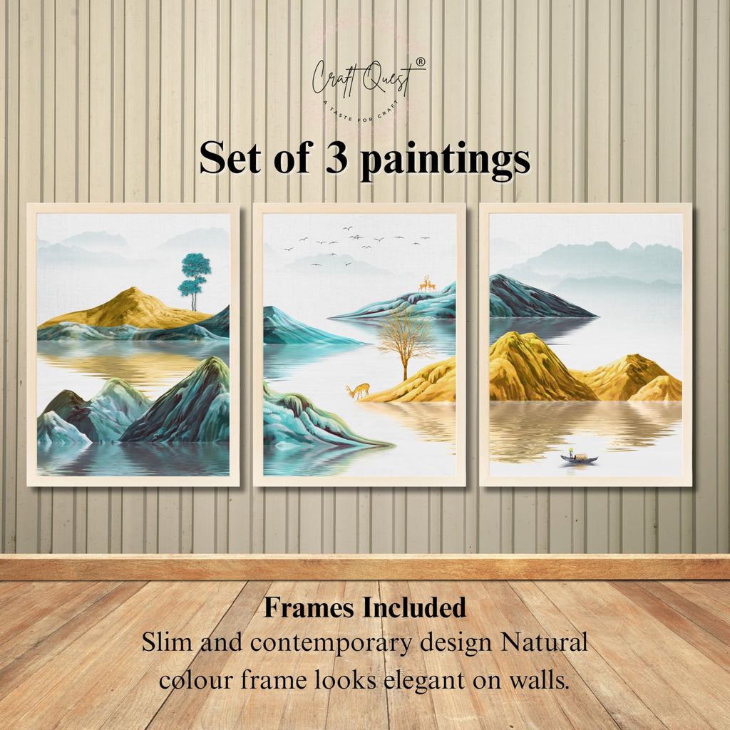 CRAFT QUEST Modern Art Abstract Geometric Gold Lines Wall Art | Set of 3 Frames for Home Decoration | Ideal for Living Room, Bedroom & Offices