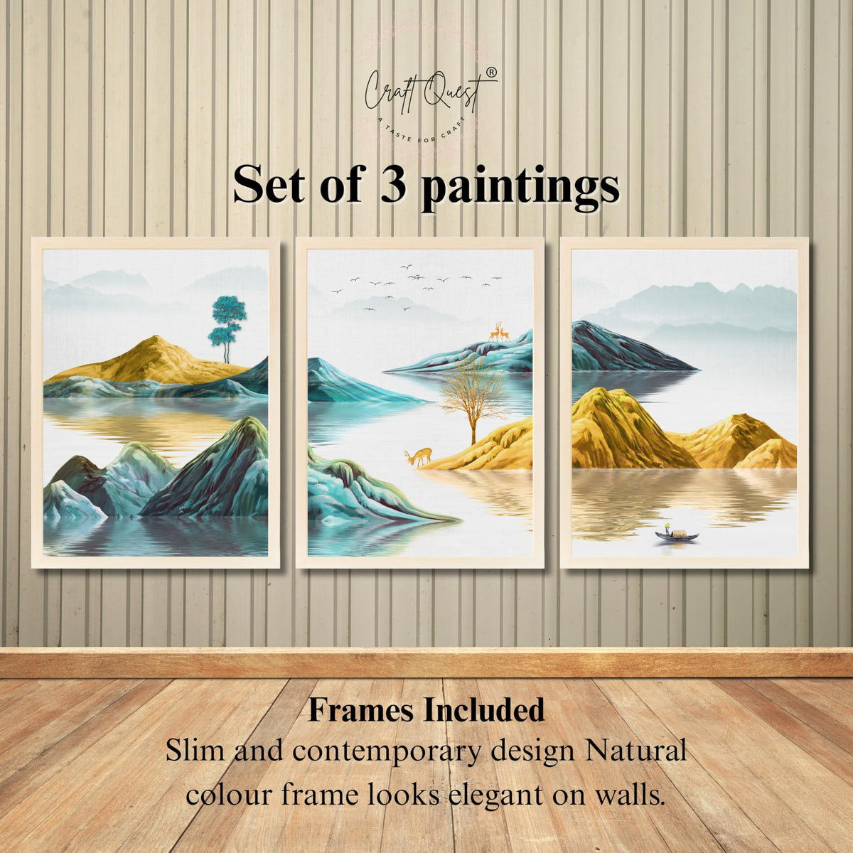 CRAFT QUEST Modern Art Abstract Geometric Gold Lines Wall Art | Set of 3 Frames for Home Decoration | Ideal for Living Room, Bedroom & Offices