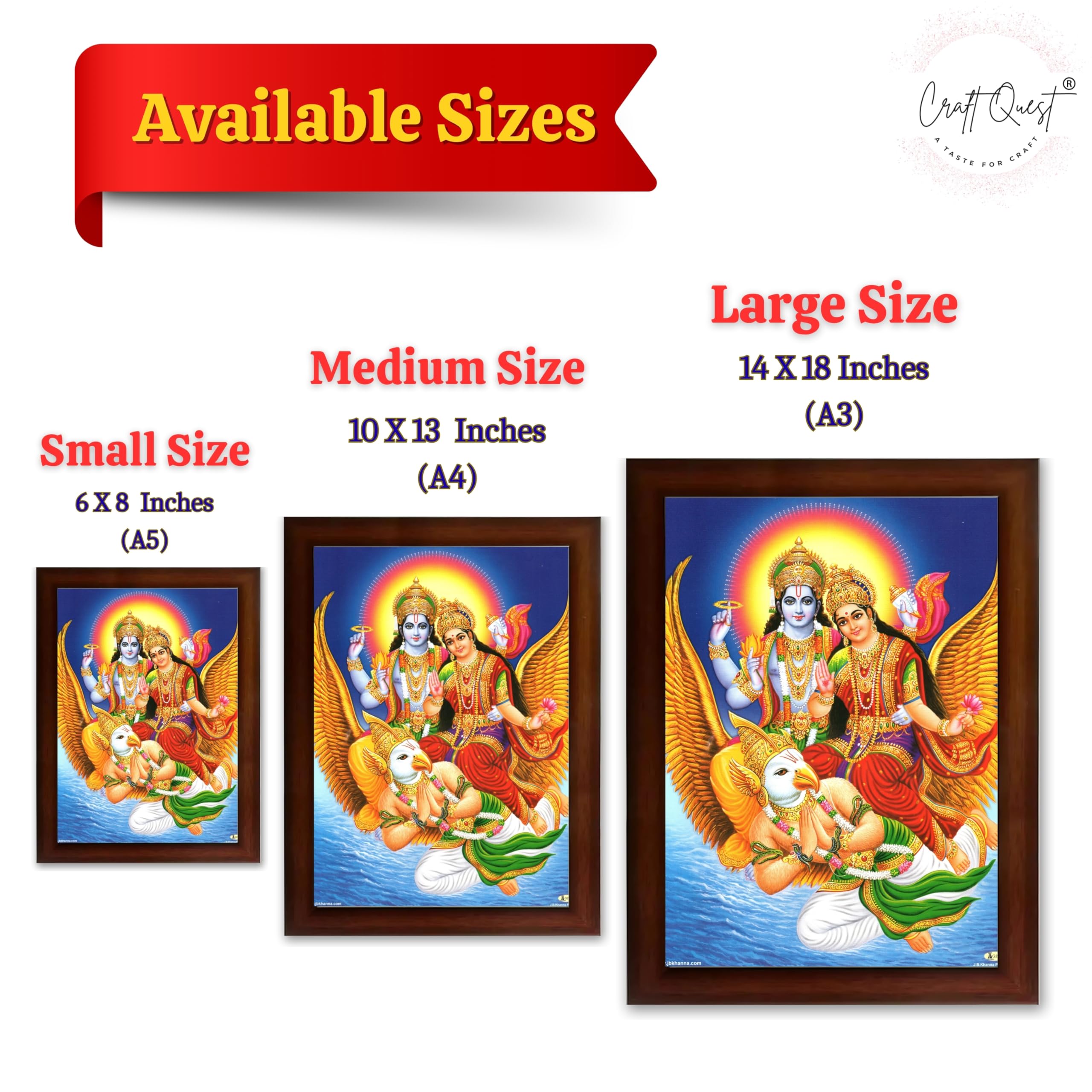 CRAFT QUEST Lord Vishnu and Goddess Lakshmi Giving Blessing on Garud Jii, Glitter Work Painting wooden framed