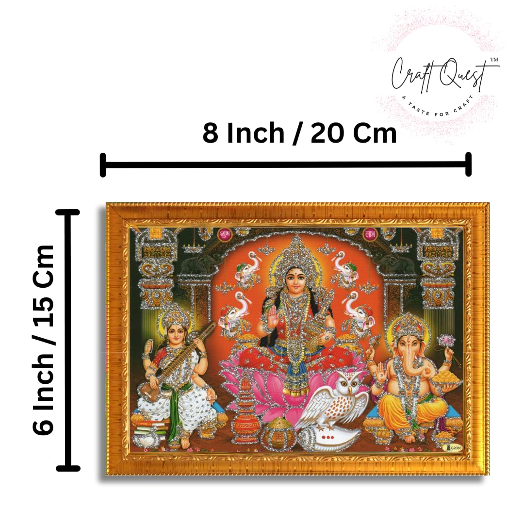 CRAFT QUEST Lakshmi Devi with ganesh ji and saraswati maa Wall Painting Frame Home Decor (Synthetic, Sparkle Finish, Golden, Small Size, 8 X 6 Inch)