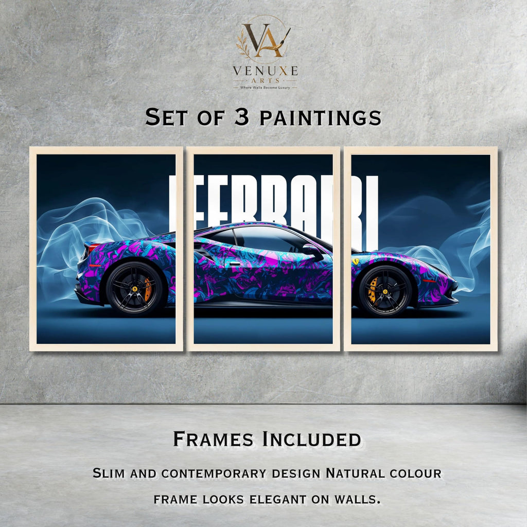 VENUXE ARTS Set Of 3 Big Sports Cars Framed Posters Gift Items for Boys Room Wall Decoration Bedroom Living Room Office Studio Décor | Car Poster Frame for Wall Décor