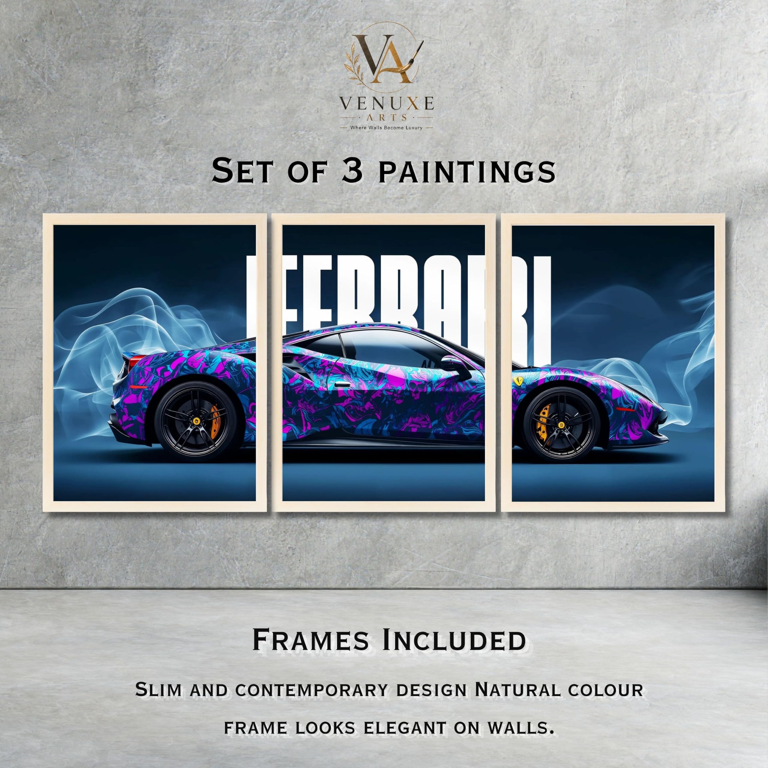 VENUXE ARTS Set Of 3 Big Sports Cars Framed Posters Gift Items for Boys Room Wall Decoration Bedroom Living Room Office Studio Décor | Car Poster Frame for Wall Décor