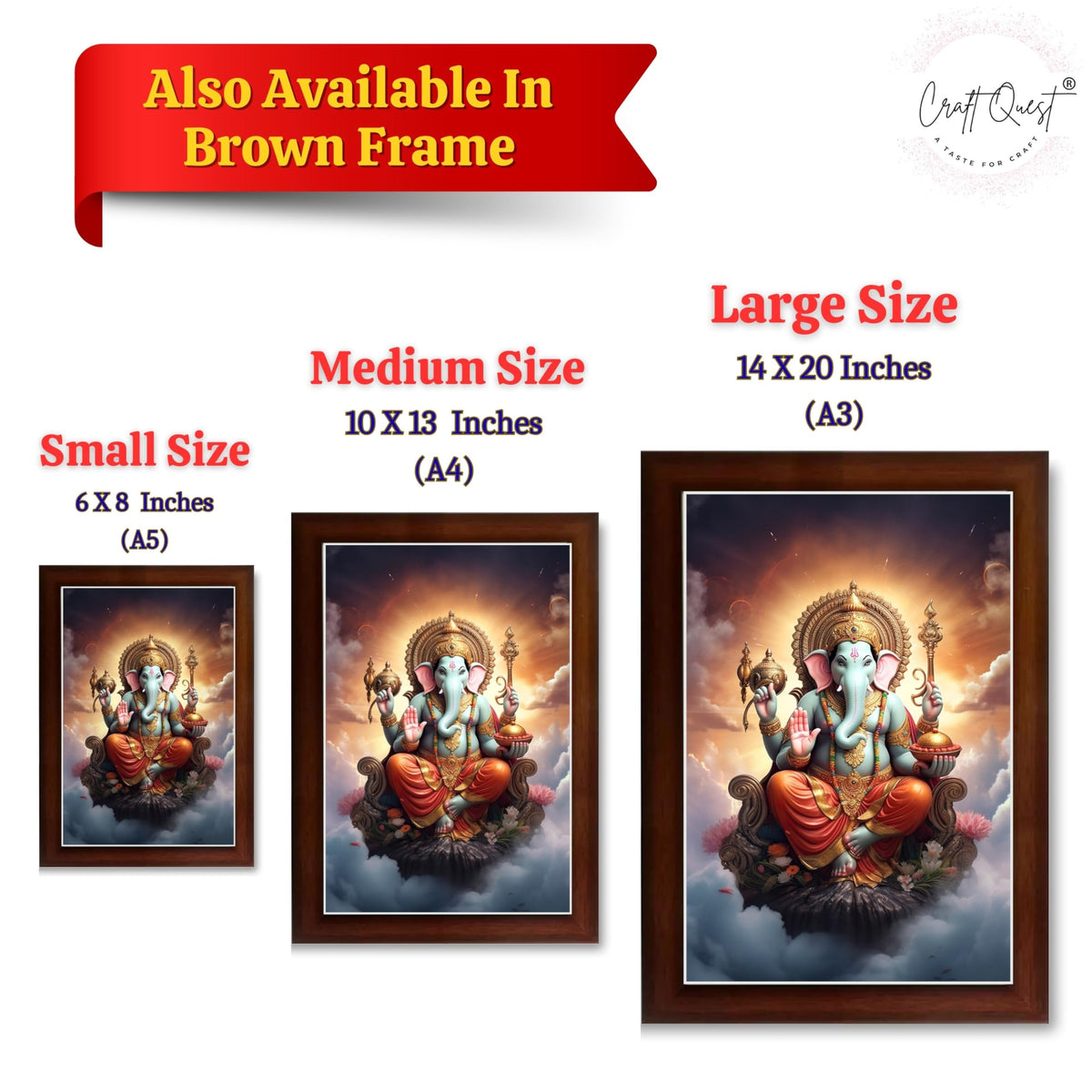 CRAFT QUEST God Ganesha Ganpati ji Photo Frame Wall Decor Mandir Pooja Poster Religious Painting Divine Hindu Temple Decoration Spiritual Blessings Home Office Gift