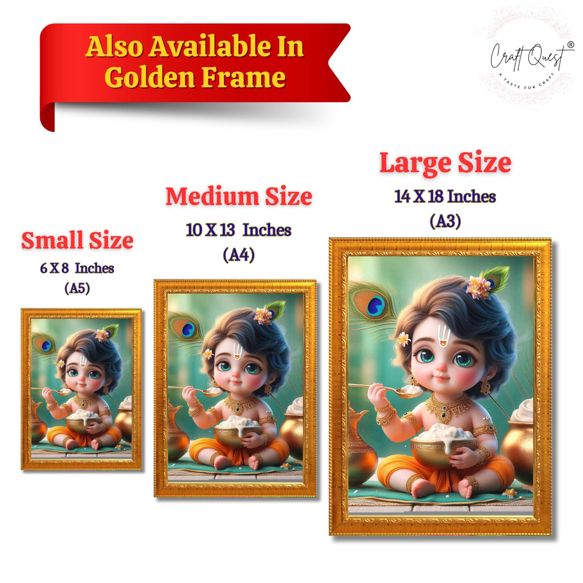 CRAFT QUEST Cute Baby Krishna HD Print | Little Krishna Frame for Home Temple, Office Desk, Car Dashboard