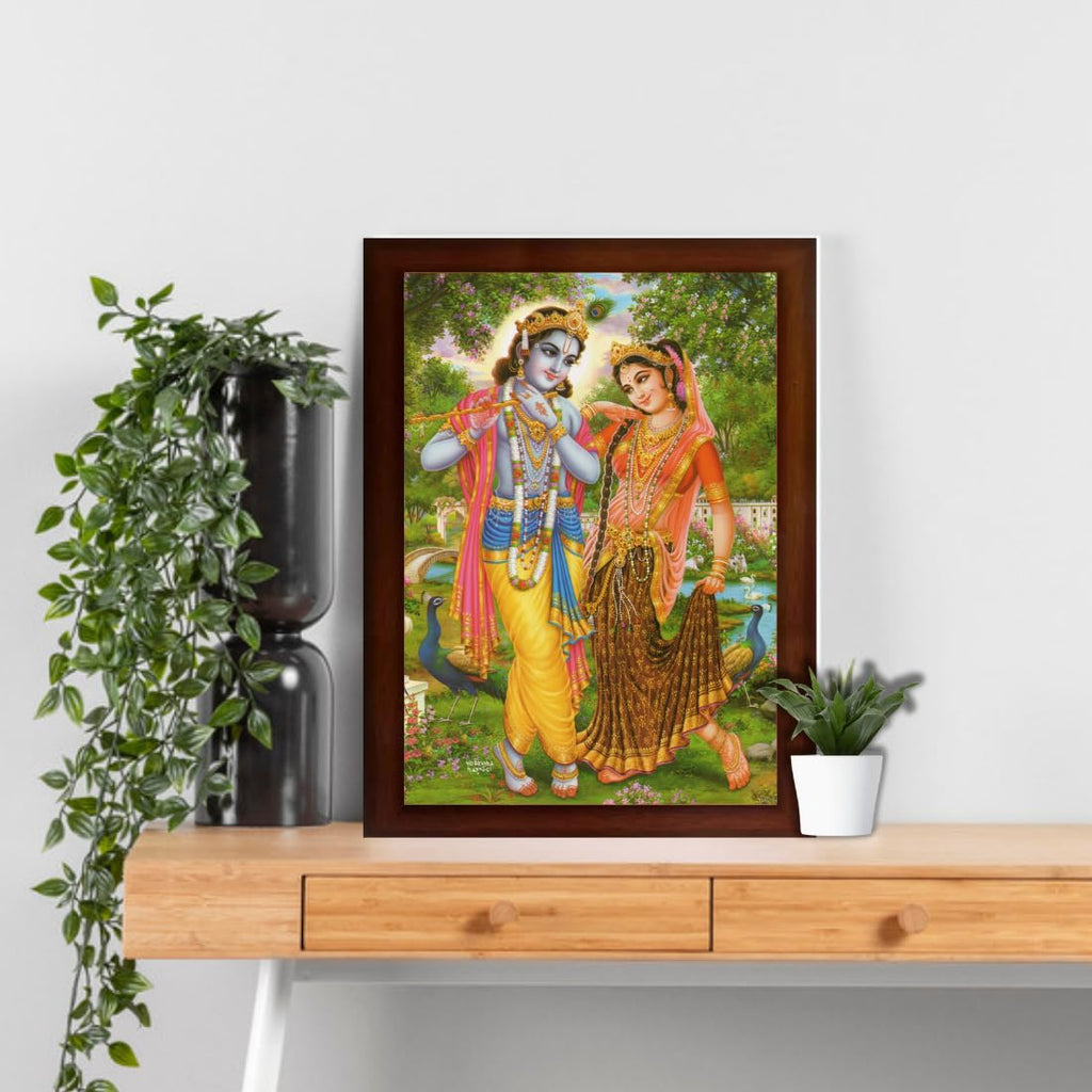 Craft Quest Radha Krishna Sparkle Coated Home Decorative Gift Item Framed Painting (10 X 14 Inches, Brown) RK1013-12
