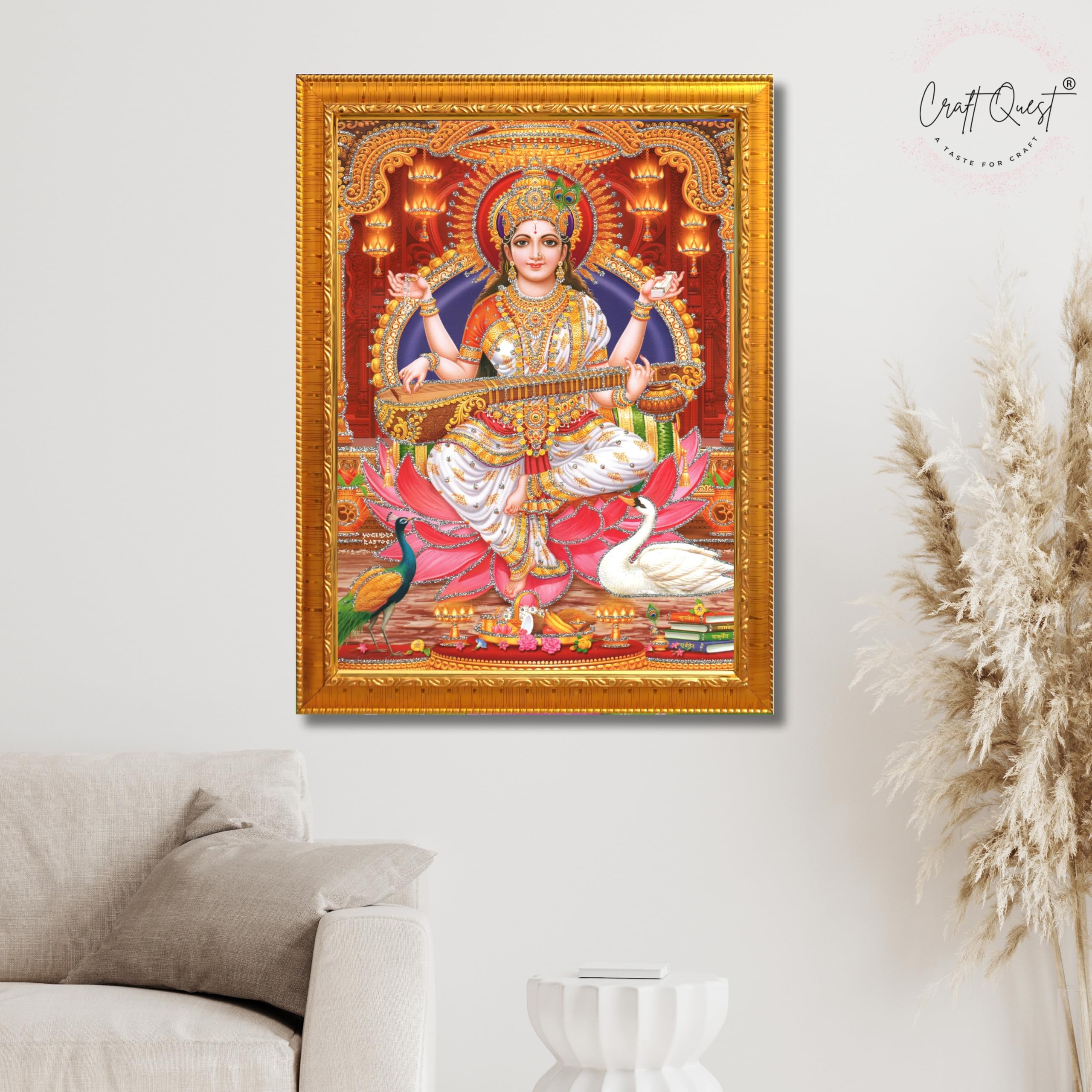 CRAFT QUEST Saraswati Devi Goddess Saraswati Maa Wall Painting Framed Home Decor wooden framed