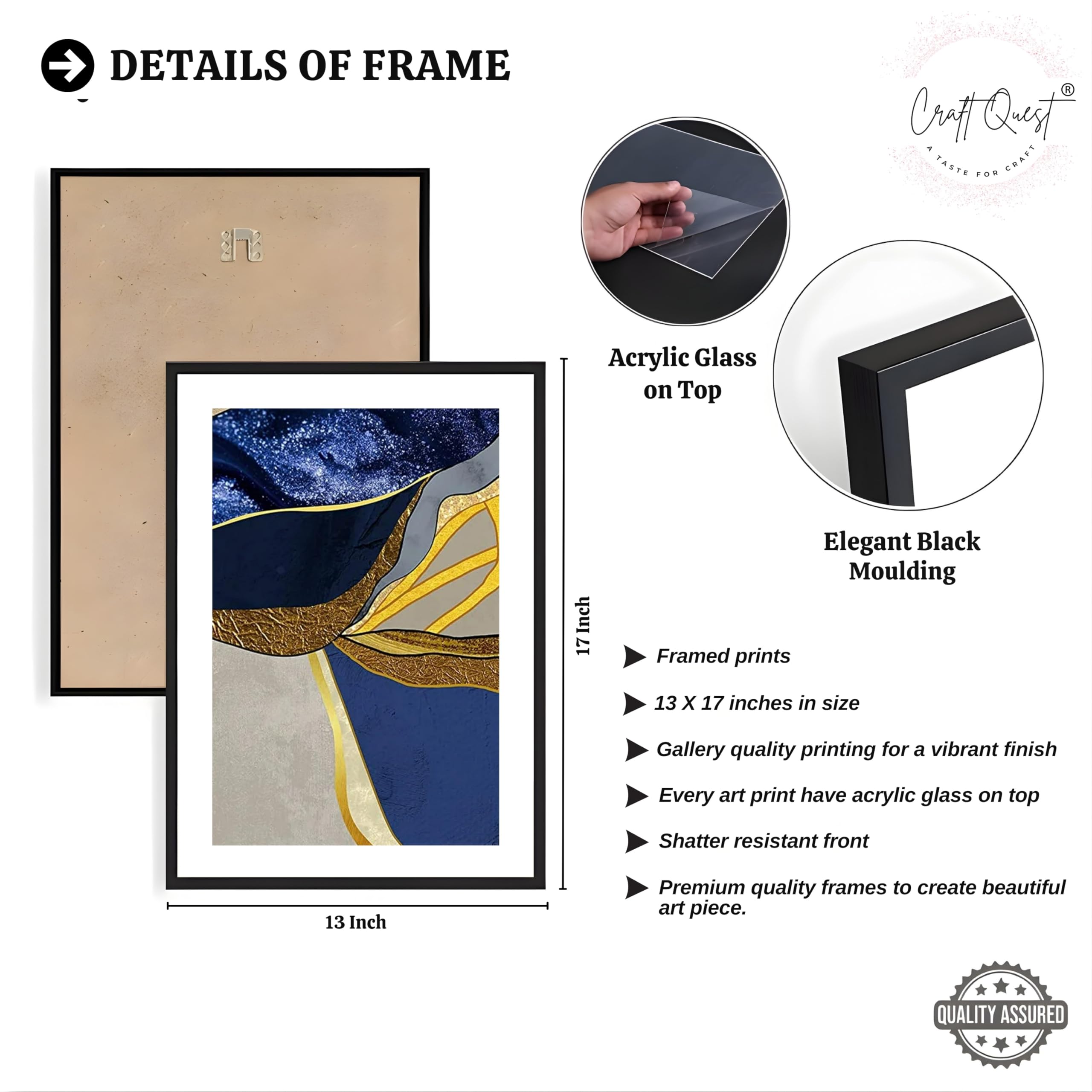 CRAFT QUEST Abstract Blue & Gold Artwork | Set of 3 Frames for Home Decoration | Ideal for Living Room, Bedroom & Offices