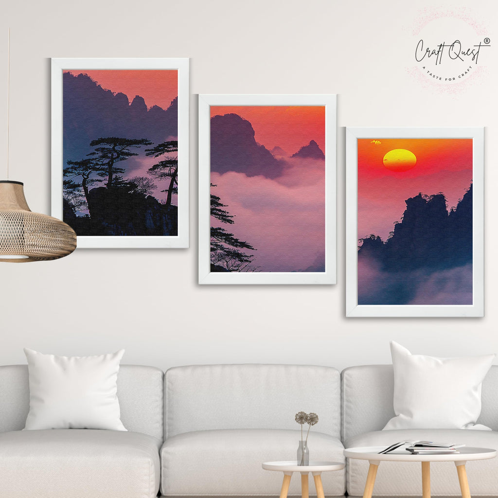 CRAFT QUEST Nature Inspired Mountains & Clouds Wall Art | Set of 3 Frames for Home Decoration | Ideal for Living Room, Bedroom & Offices