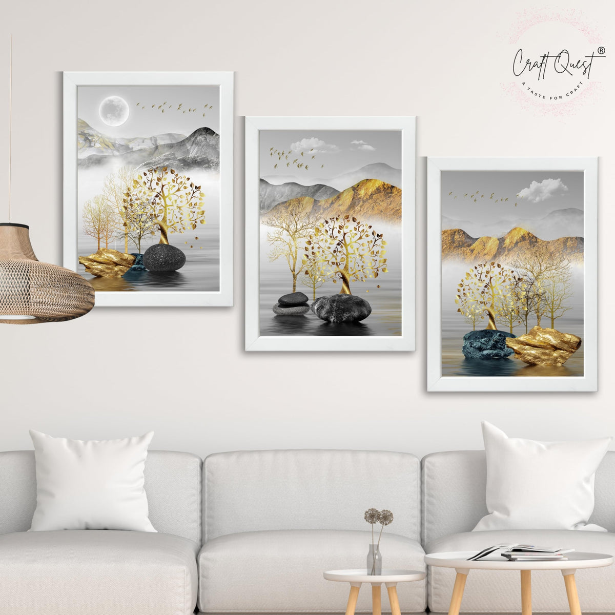 CRAFT QUEST Modern Art Landscape Golden Tree,Birds & Mountains Wall Art | Set of 3 Frames for Home Decoration | Ideal for Living Room, Bedroom & Offices