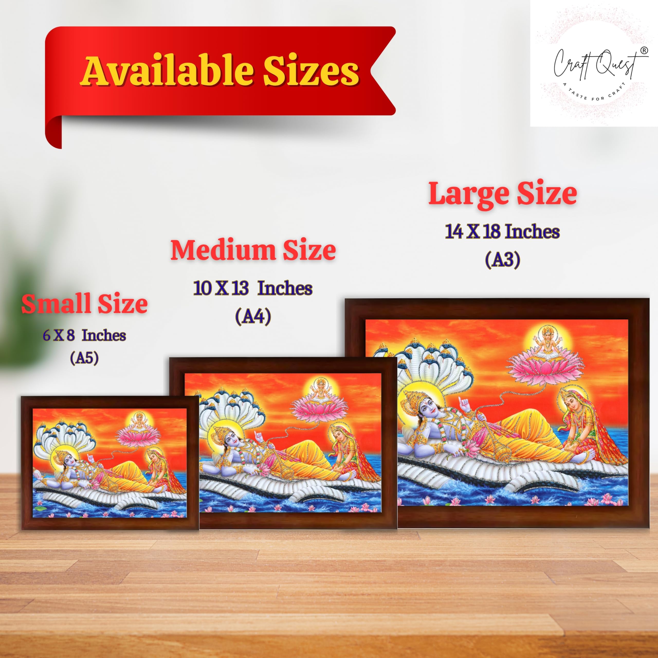 CRAFT QUEST Lord Vishnu and Goddess Lakshmi Giving Blessing on Shesh naag, landscape Glitter Work Painting Synthetic Wood Frame