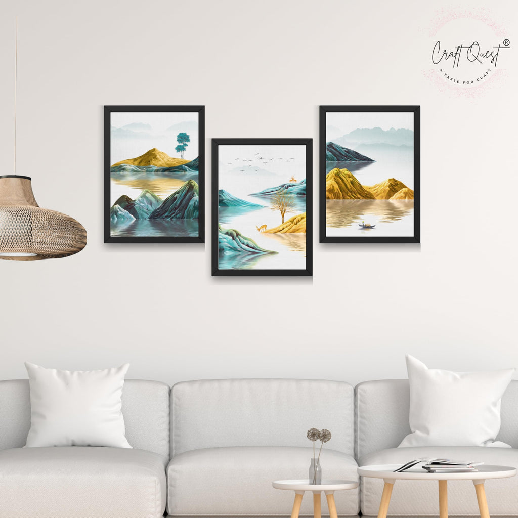 CRAFT QUEST Modern Art Abstract Geometric Gold Lines Wall Art | Set of 3 Frames for Home Decoration | Ideal for Living Room, Bedroom & Offices
