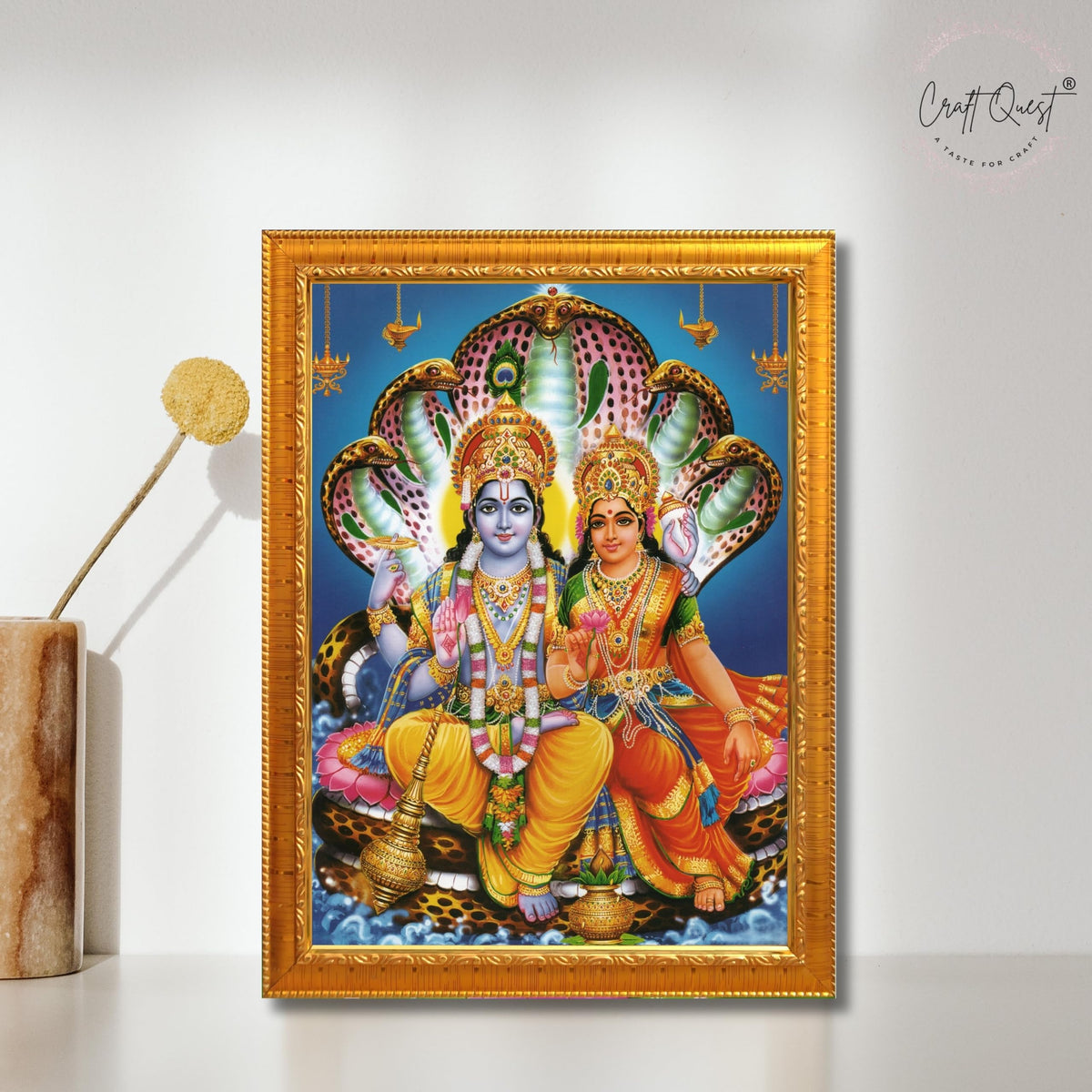 CRAFT QUEST Laxmi Narayan Laxmi Vishnu Dev Lakshmi Devi Ji Wall Painting Framed Home Decor, Religious Photo Frame