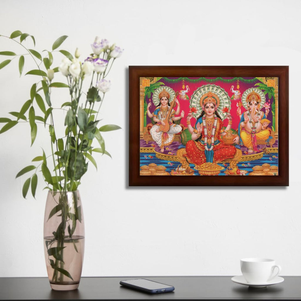 CRAFT QUEST Goddess Lakshmi Devi with ganesh ji and saraswati maa Wall Painting Frame Home Decor (Synthetic, Matte Finish, Brown, Large Size, 14 X 10 Inch)