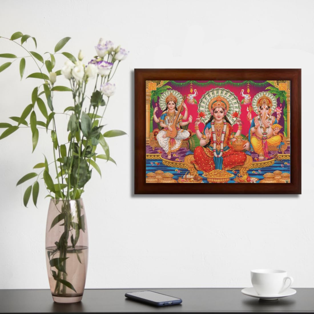CRAFT QUEST Goddess Lakshmi Devi with ganesh ji and saraswati maa Wall Painting Frame Home Decor (Synthetic, Matte Finish, Brown, Large Size, 14 X 10 Inch)