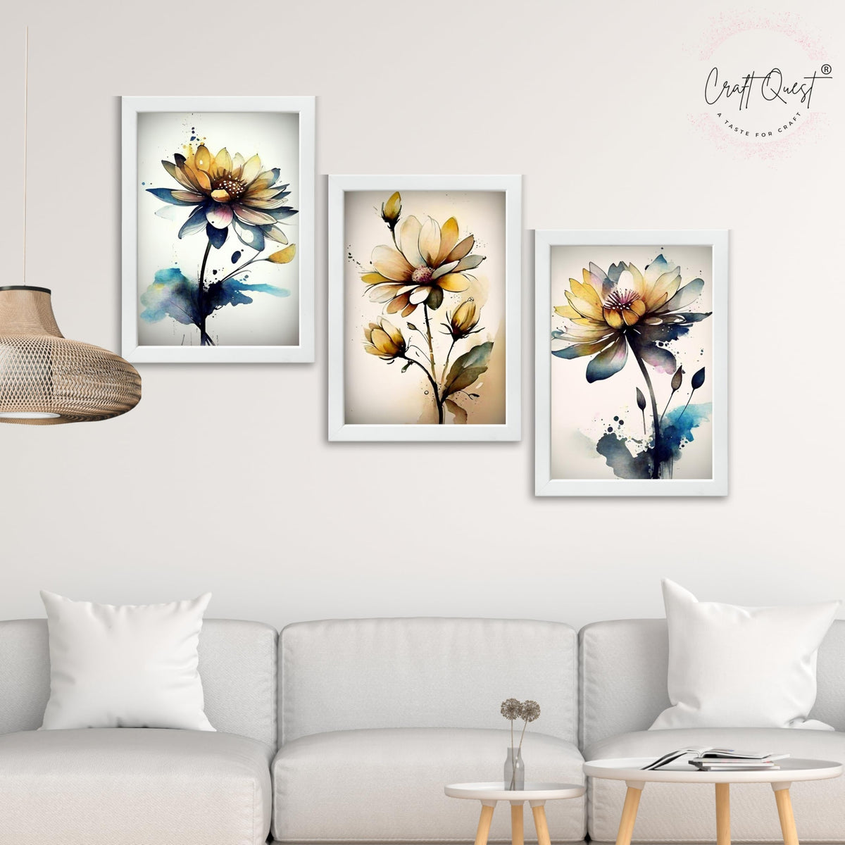 CRAFT QUEST Nature Inspired Triptych Flowers Abstract Wall Art | Set of 3 Frames for Home Decoration | Ideal for Living Room, Bedroom & Office