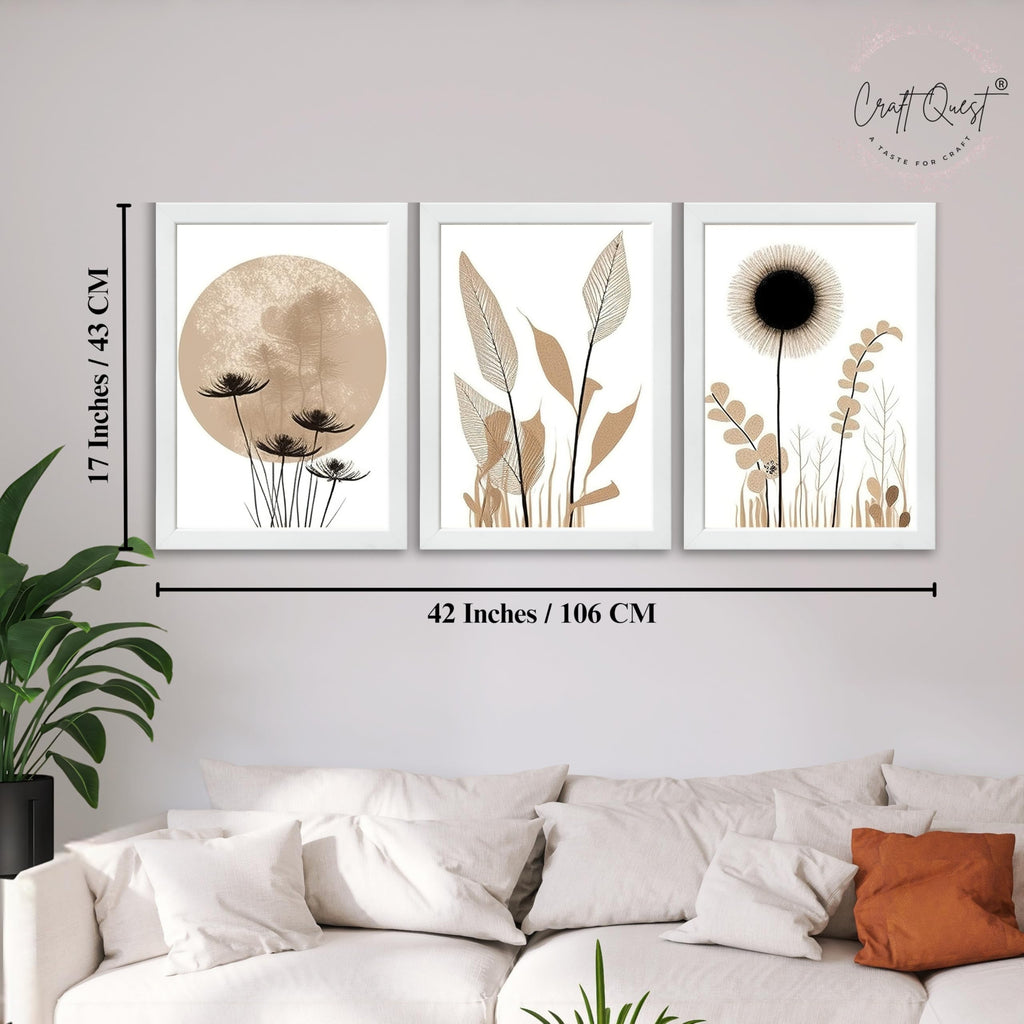 CRAFT QUEST Boho Minimalist Abstract Wall Art | Set of 3 Frames for Home Decoration | Ideal for Living Room, Bedroom & Offices