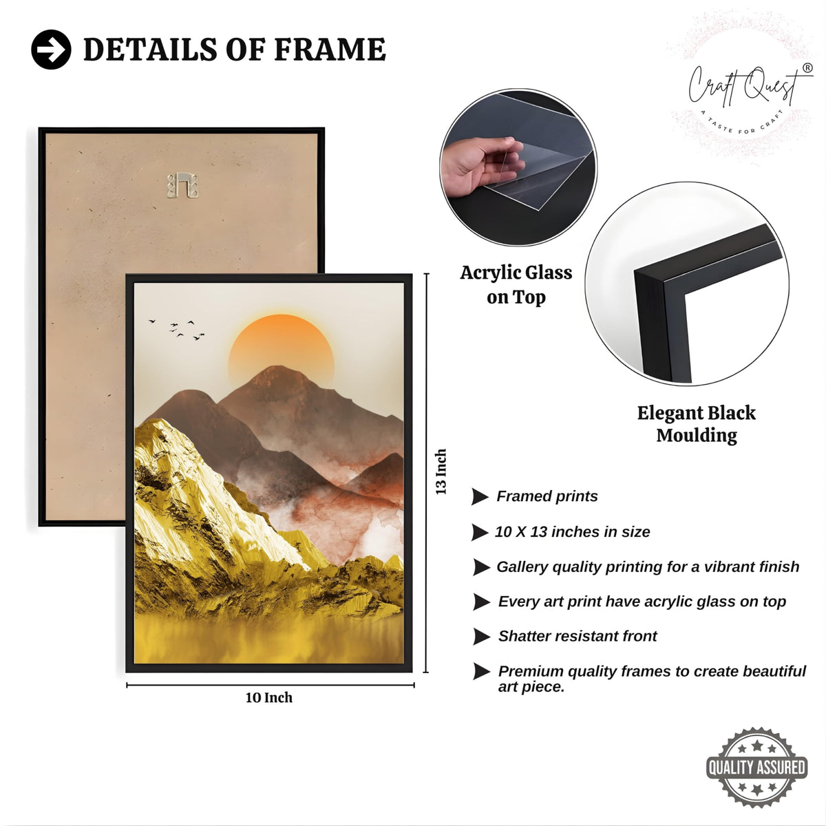 CRAFT QUEST Modern Art Mural Landscape Golden Mountains & Birds Wall Art | Set of 3 Frames for Home Decoration | Ideal for Living Room, Bedroom & Offices