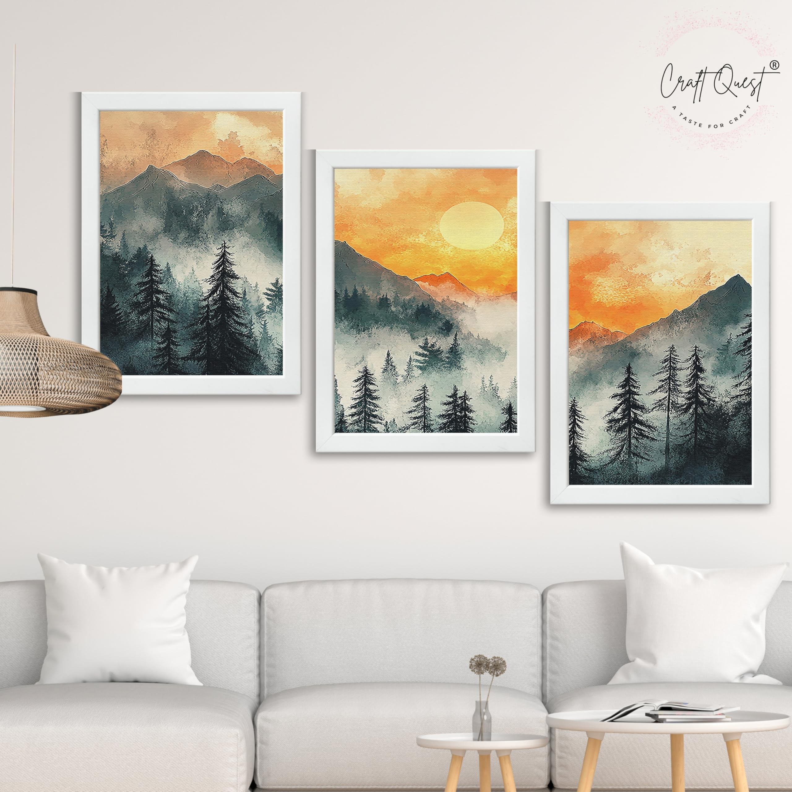 CRAFT QUEST Nature Inspired Paintings With Trees & Mountains Wall Art | Set of 3 Frames for Home Decoration | Ideal for Living Room, Bedroom & Office