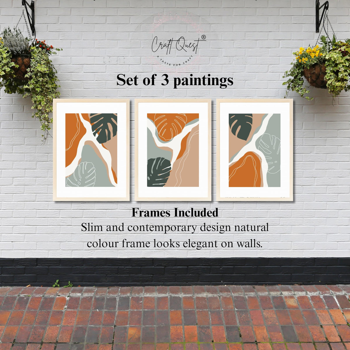 CRAFT QUEST SET OF 3 Organic Modern Leaf Wall Art | Set of 3 Frames for Home Decoration | Ideal for Living Room, Bedroom & Offices