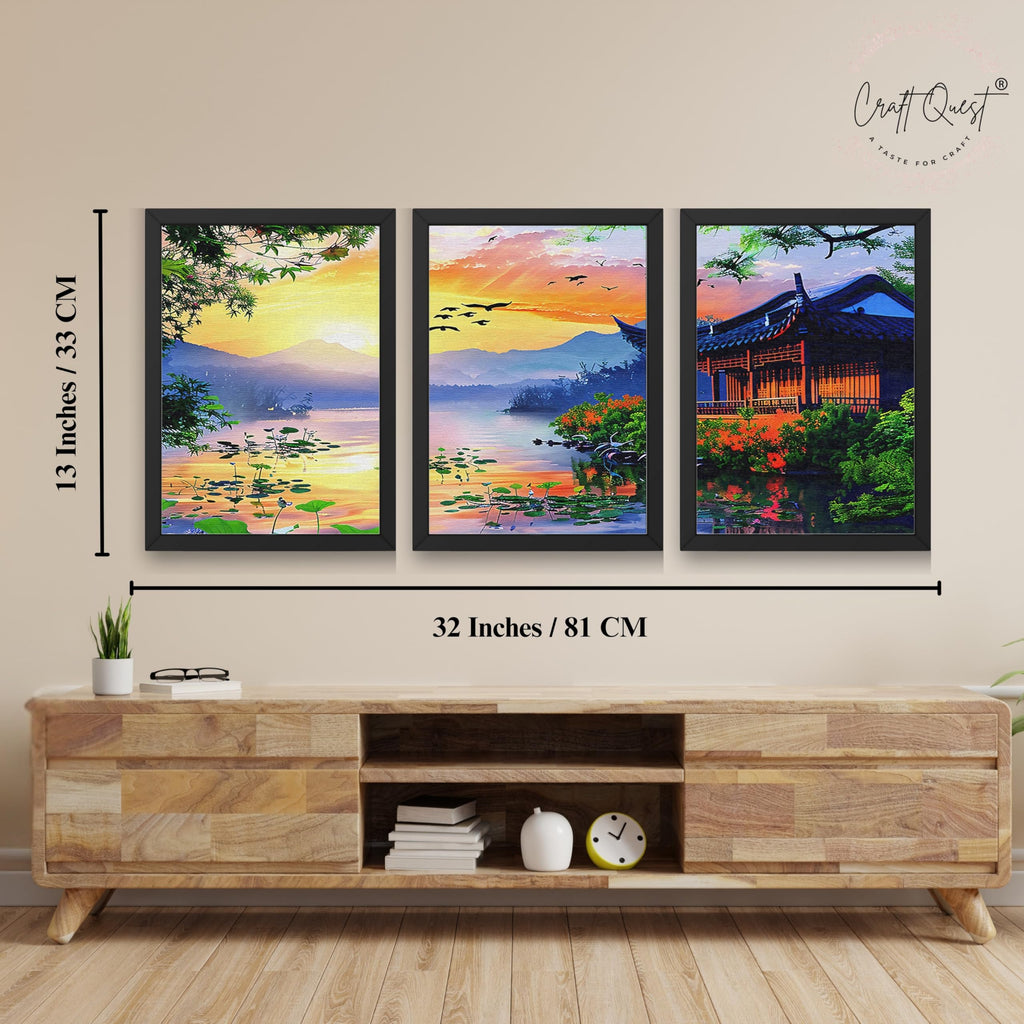 CRAFT QUEST Modern Art Of Sunset Wall Art | Set of 3 Frames for Home Decoration | Ideal for Living Room, Bedroom & Offices
