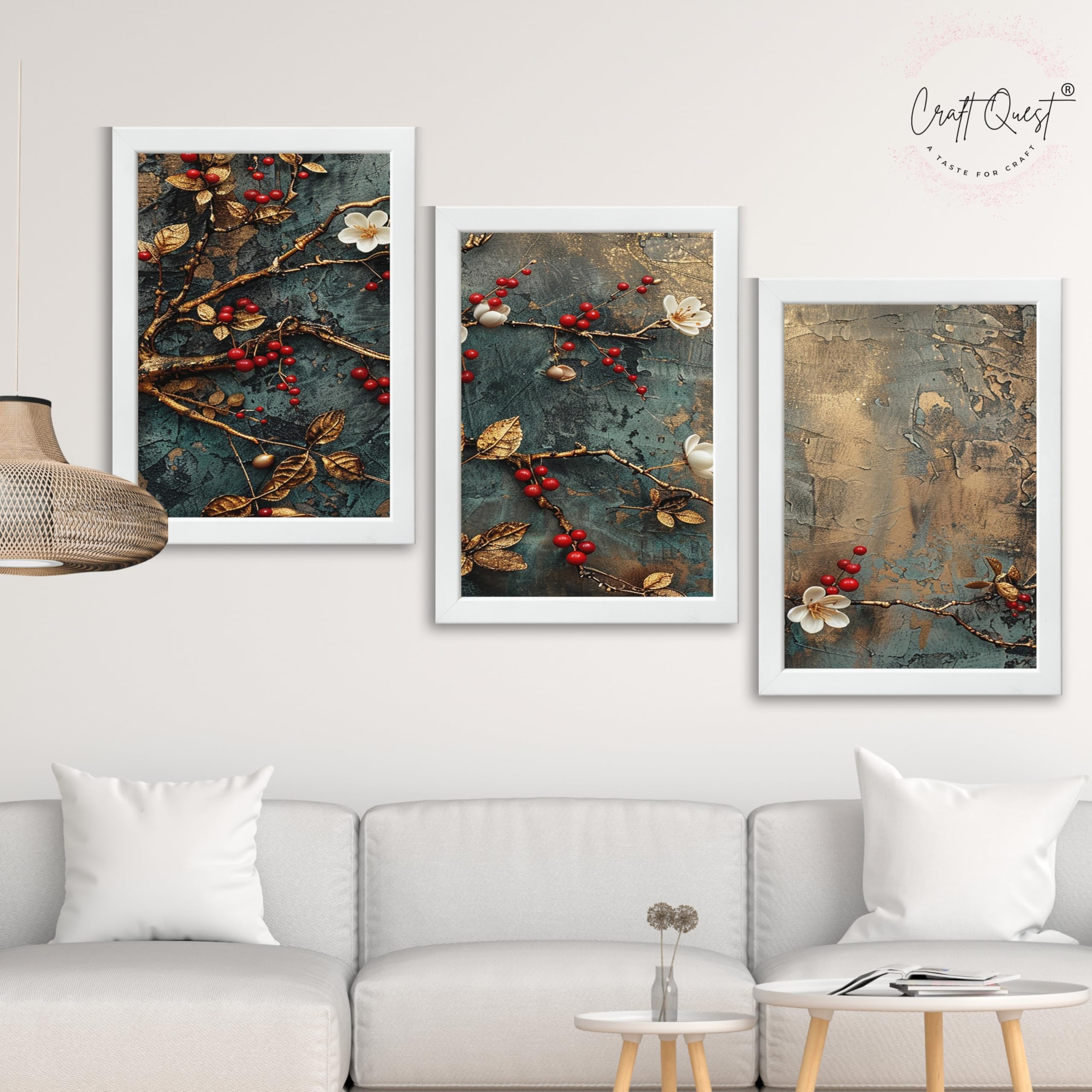 CRAFT QUEST Nature Inspired Modern Wall Art | Set of 3 Frames for Home Decoration | Ideal for Living Room, Bedroom & Offices