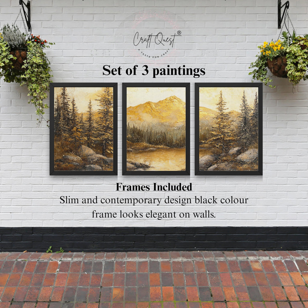 CRAFT QUEST Nature Inspired Painting Of Mountain With Trees Wall Art | Set of 3 Frames for Home Decoration | Ideal for Living Room, Bedroom & Office