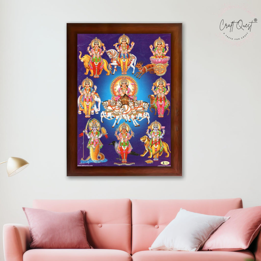 CRAFT QUEST Lord Surya Dev Bhagavan Bhagwan with 7 Horses Wall Painting | Hindu God Spiritual Framed | Ideal for Home, Office, Temple & Puja Room, Wall Decor