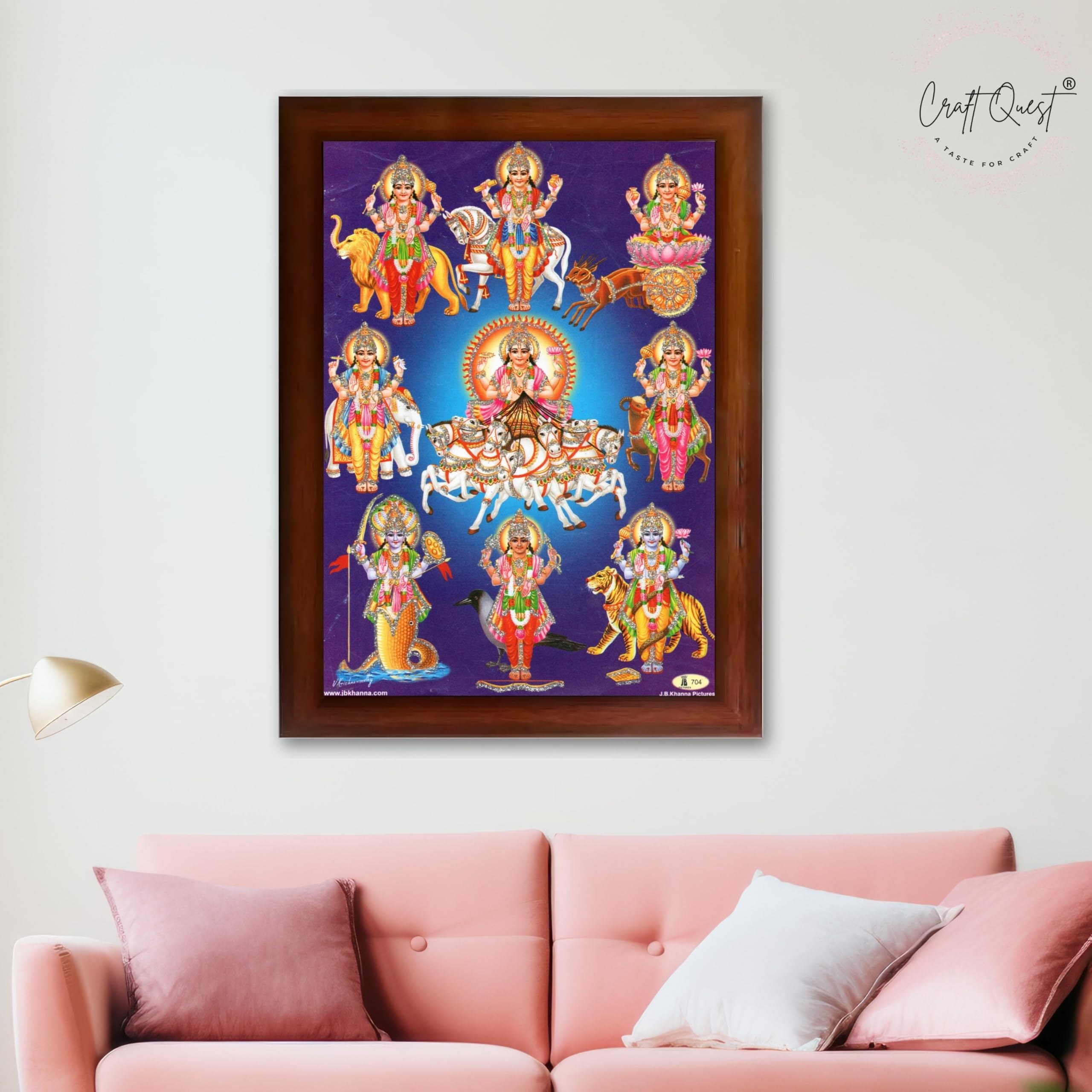 CRAFT QUEST Lord Surya Dev Bhagavan Bhagwan with 7 Horses Wall Painting | Hindu God Spiritual Framed | Ideal for Home, Office, Temple & Puja Room, Wall Decor
