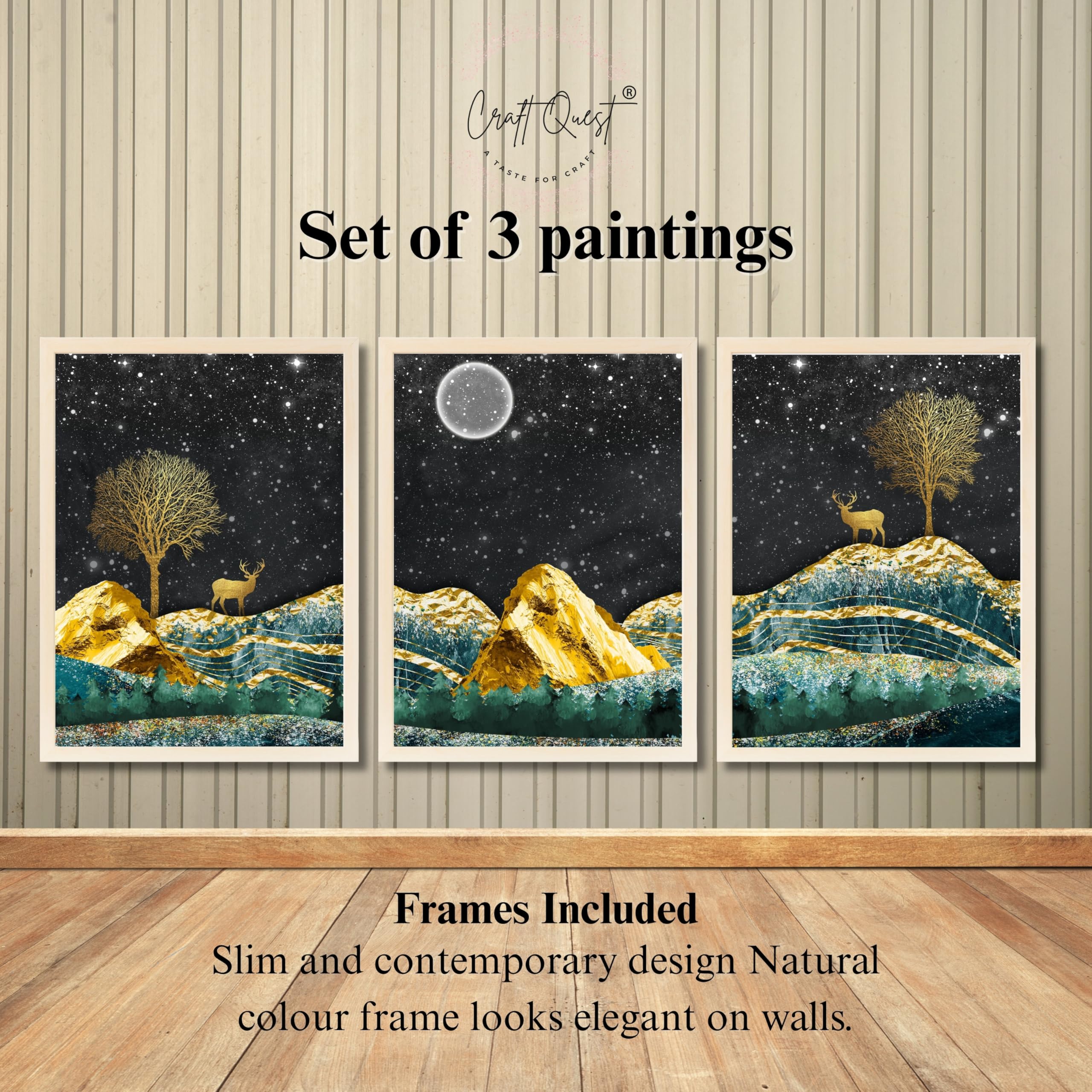 CRAFT QUEST Modern Art Landscape With Turquoise Mountains & Golden Trees Wall Art | Set of 3 Frames for Home Decoration | Ideal for Living Room, Bedroom & Offices