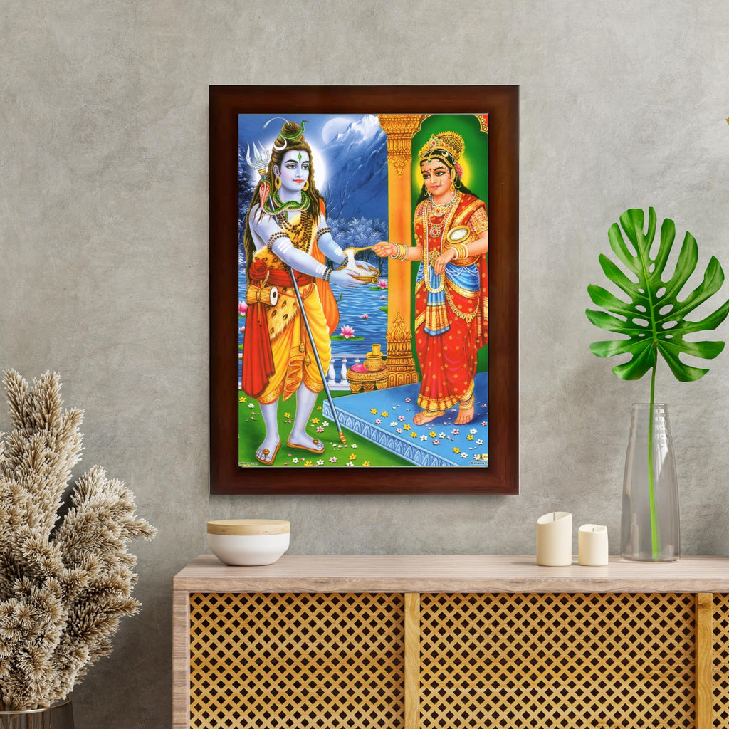 CRAFT QUEST Shiva & Maa Annapurna devi sitting on throne photo frame with Laminated Poster for Kitchen Worship