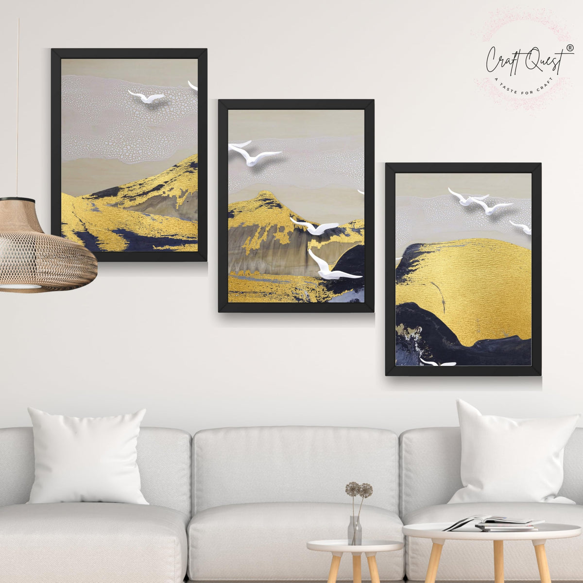 CRAFT QUEST Modern Art Abstract Porch Golden Wall Art | Set of 3 Frames for Home Decoration | Ideal for Living Room, Bedroom & Offices