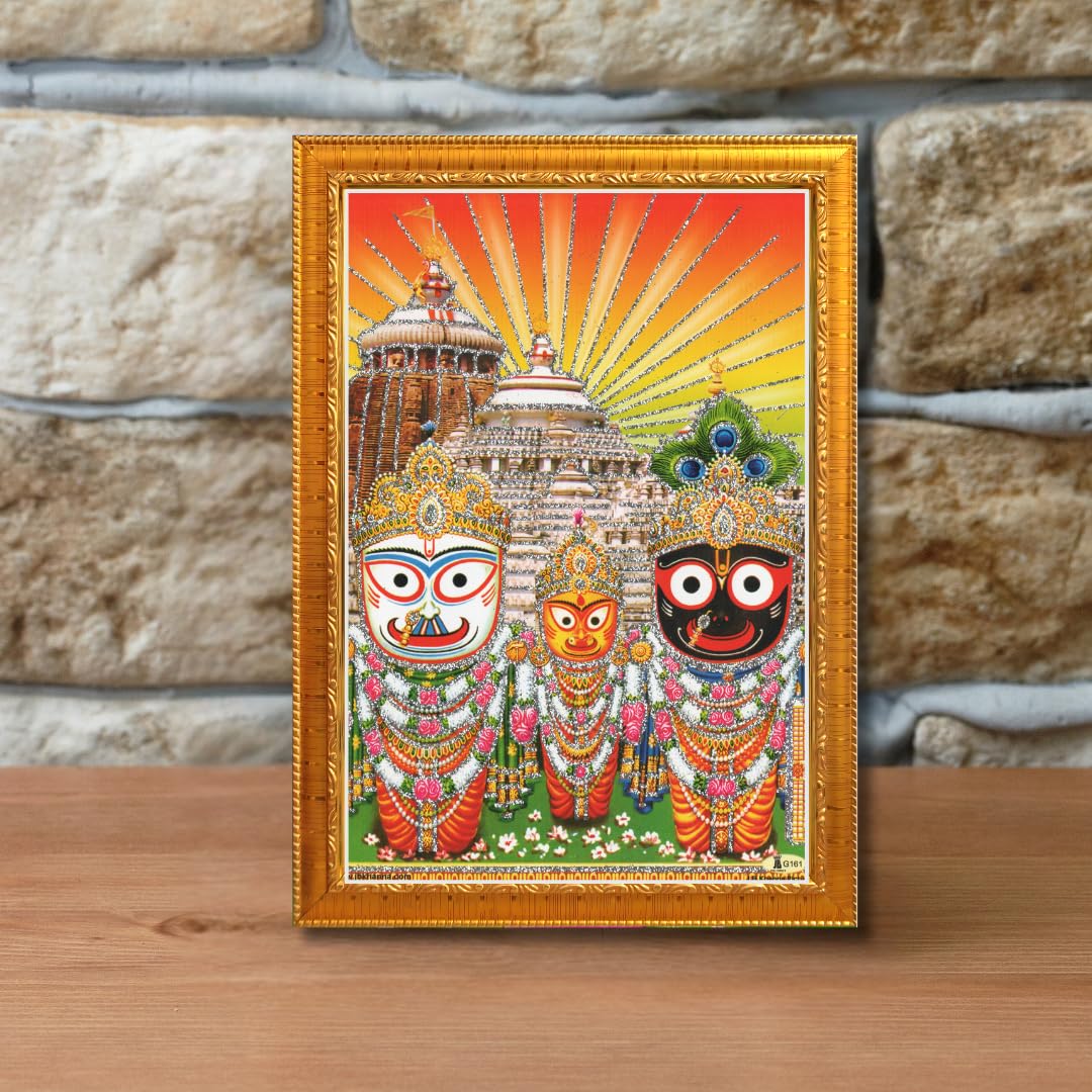 CRAFT QUEST Puri Jagannath Subhadra Balabhadra Balaram Wall Painting Framed Home Decor (Wood,Matte,Gold,Small Size,6 x 8 Inch)