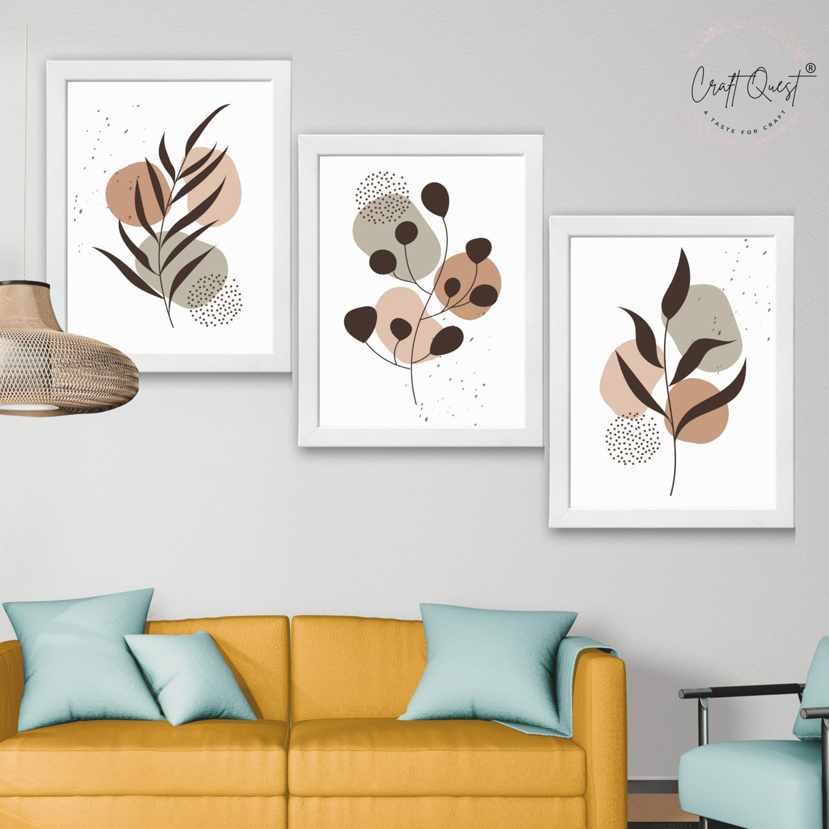 CRAFT QUEST Wall Art Decor Paintings | Set of 3 BOHO Wall Art Frames for Home Decoratio | Ideal for Living Room, Office & Bedroom