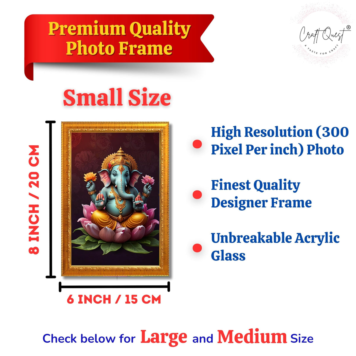 CRAFT QUEST Lord Ganpati ji Wall Hanging Frame for Living Room, Bedroom, Office & Pooja Room Décor GA-214