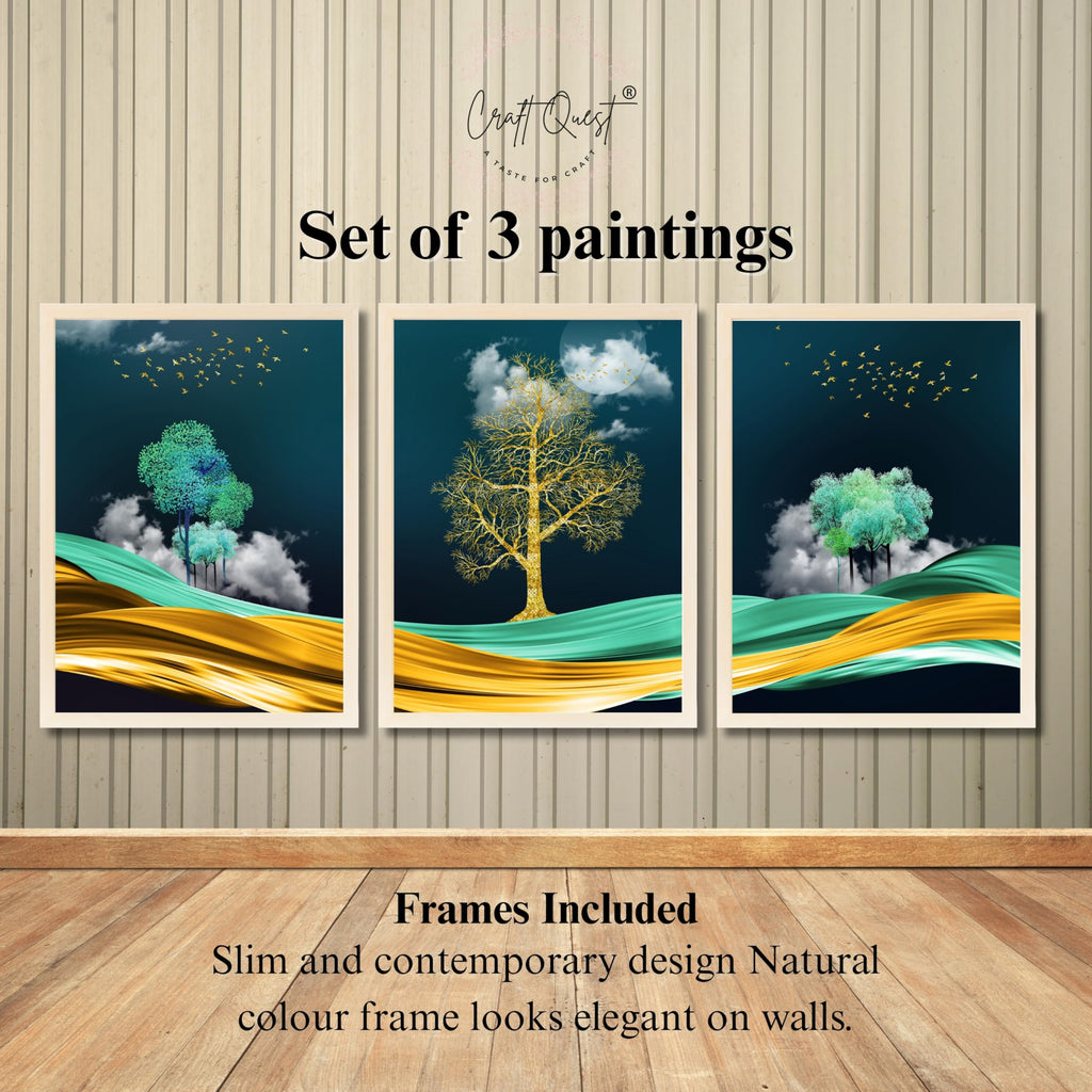 CRAFT QUEST Modern Art Mural With Golden Tree & Birds Wall Art | Set of 3 Frames for Home Decoration | Ideal for Living Room, Bedroom & Offices