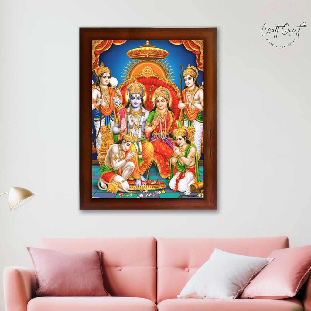 CRAFT QUEST Lord Shri Ram Darbar Sita Mata Parivar Family Wall Painting Framed Home and Pooja Decor