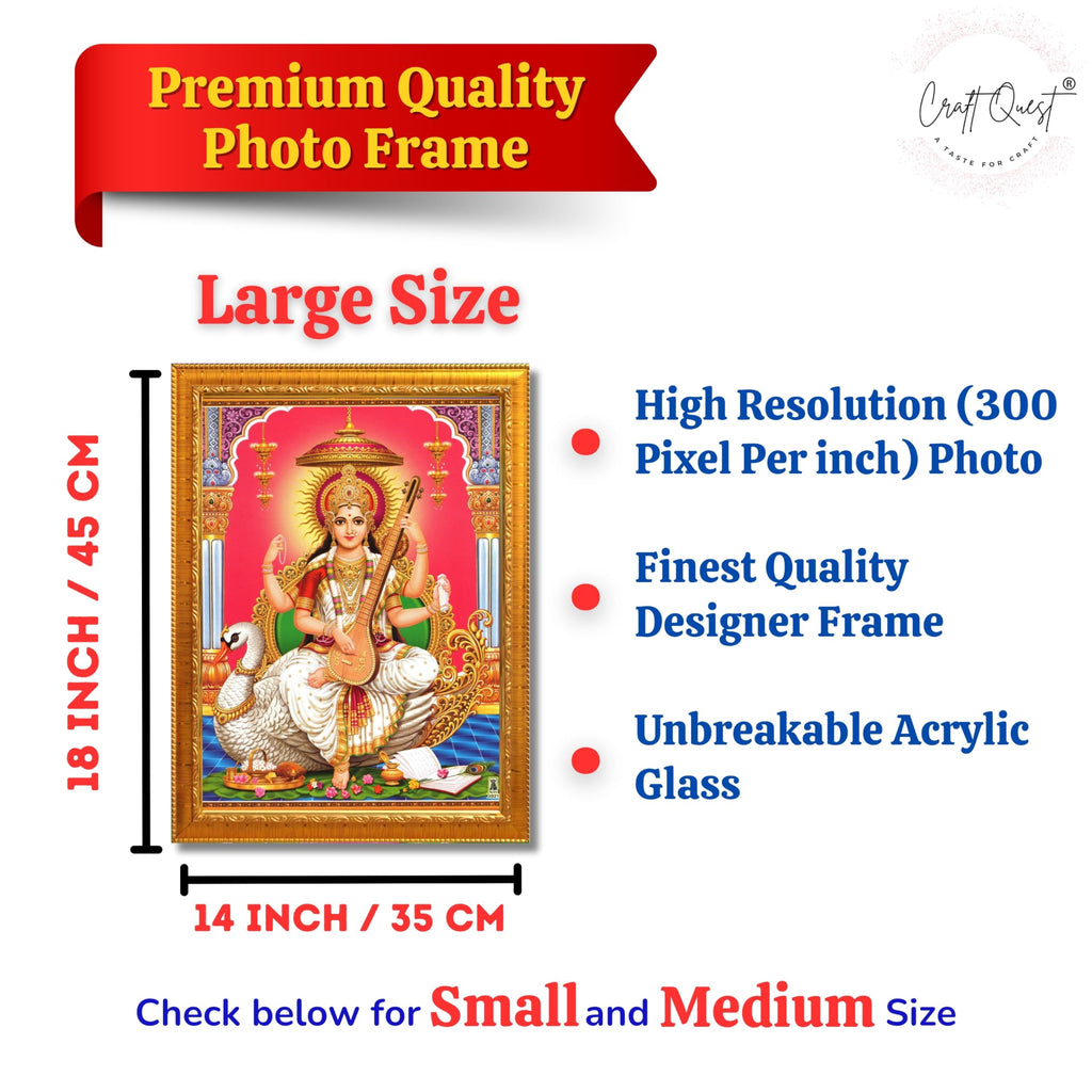 CRAFT QUEST Saraswati Devi Goddess Saraswathi Maa Wall Painting Sparkle Coated Framed Home Décor Synthetic wooden Framed