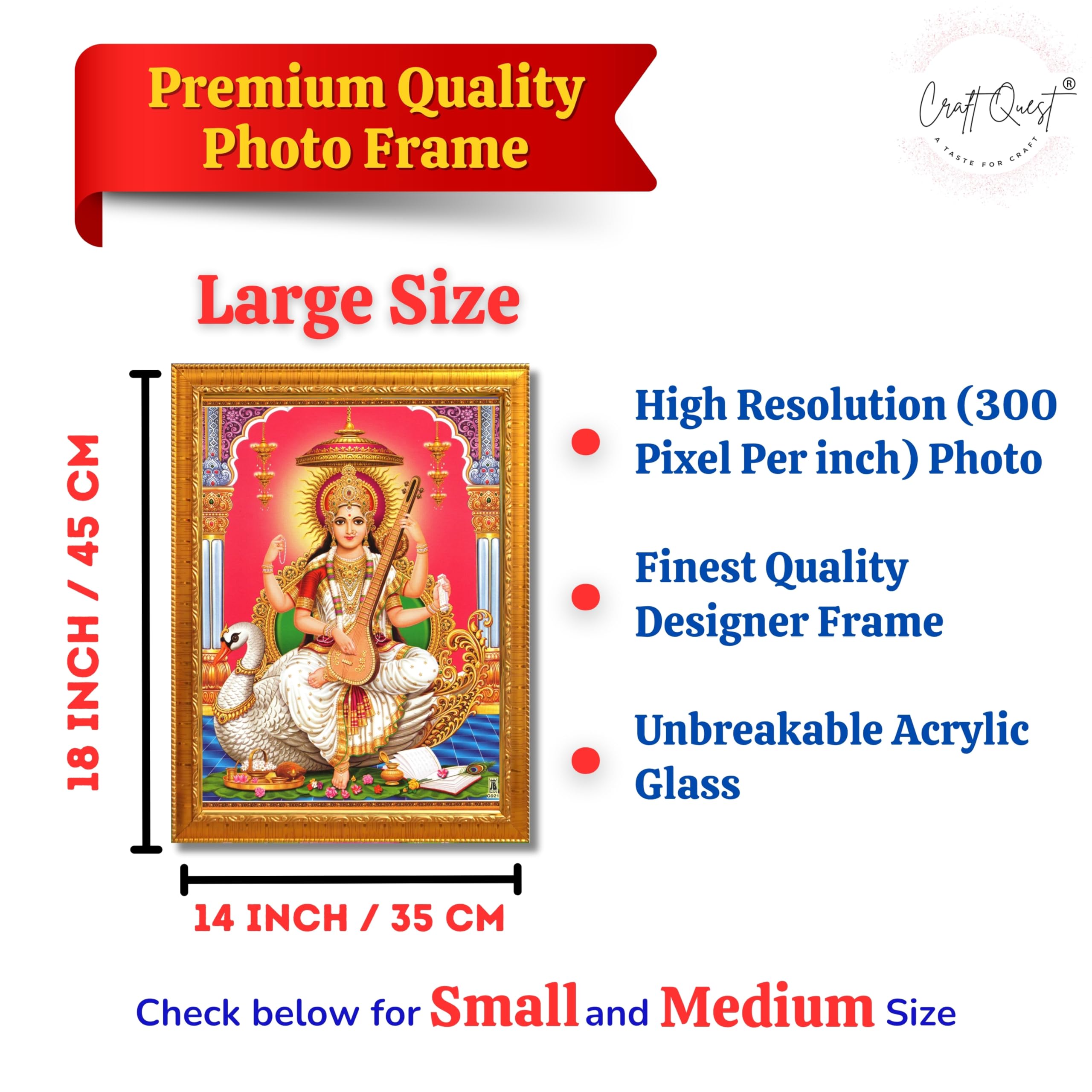 CRAFT QUEST Saraswati Devi Goddess Saraswathi Maa Wall Painting Sparkle Coated Framed Home Décor Synthetic wooden Framed