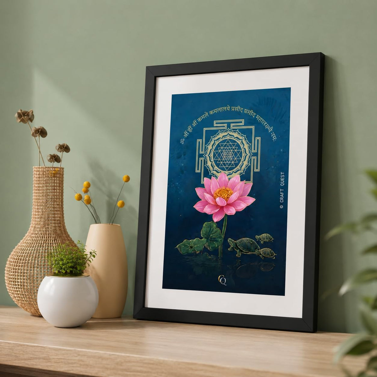 CRAFT QUEST White lotus painting for wall vastu with Shree Yantra and tortoise – Vastu Energy Poster for Prosperity, Money Flow & Stability Photo Frame for Home, Office