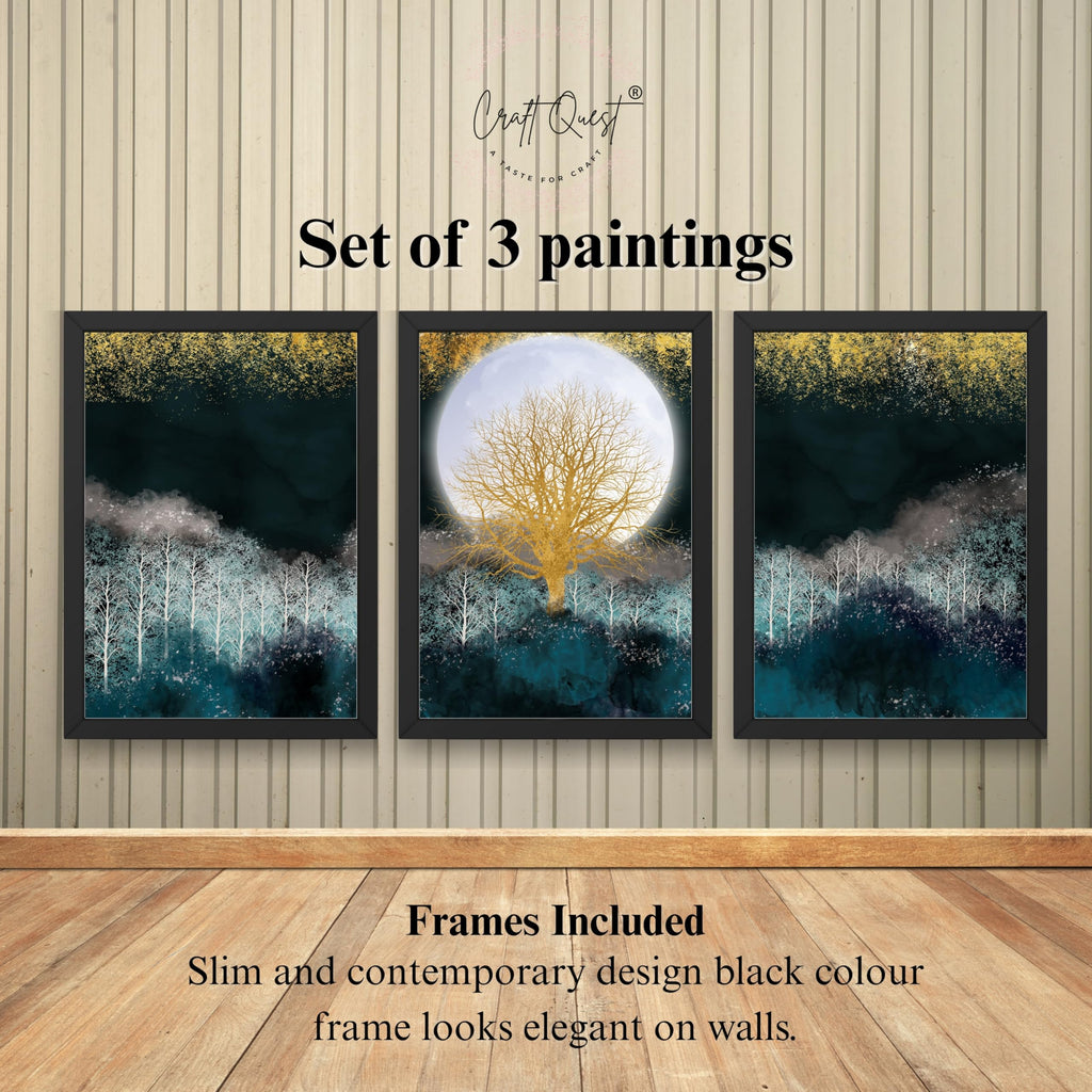 CRAFT QUEST Modern Art Christmas Trees & Mountains Landscape Wall Art | Set of 3 Frames for Home Decoration | Ideal for Living Room, Bedroom & Offices