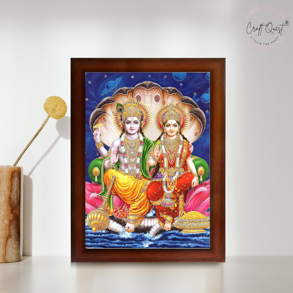 CRAFT QUEST Lord Vishnu and Goddess Lakshmi Giving Blessing on Shesh naag, Glitter Work Painting Synthetic Wood Frame