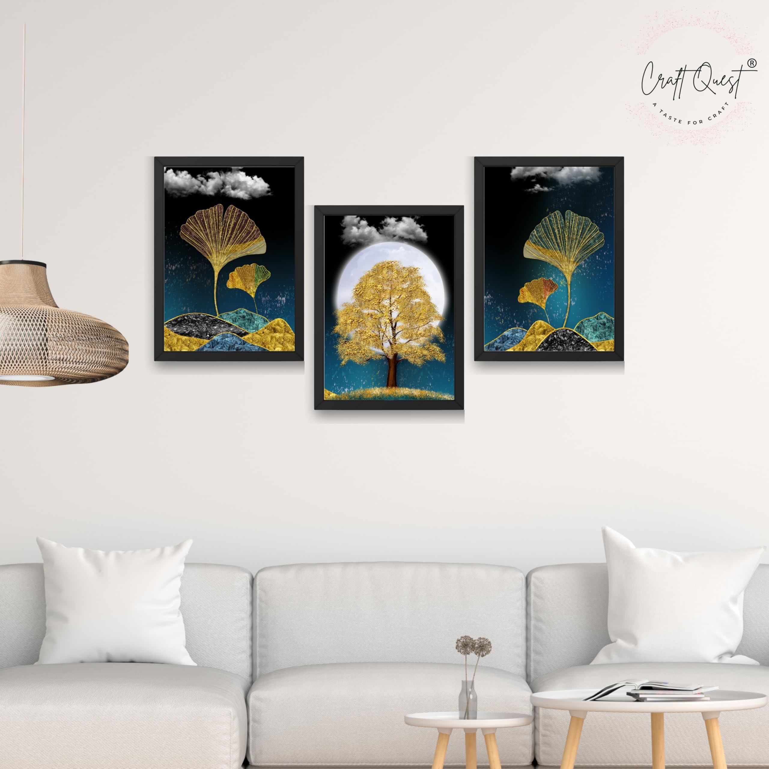 CRAFT QUEST Modern Art Mural With Golden Christmas Trees Wall Art | Set of 3 Frames for Home Decoration | Ideal for Living Room, Bedroom & Offices